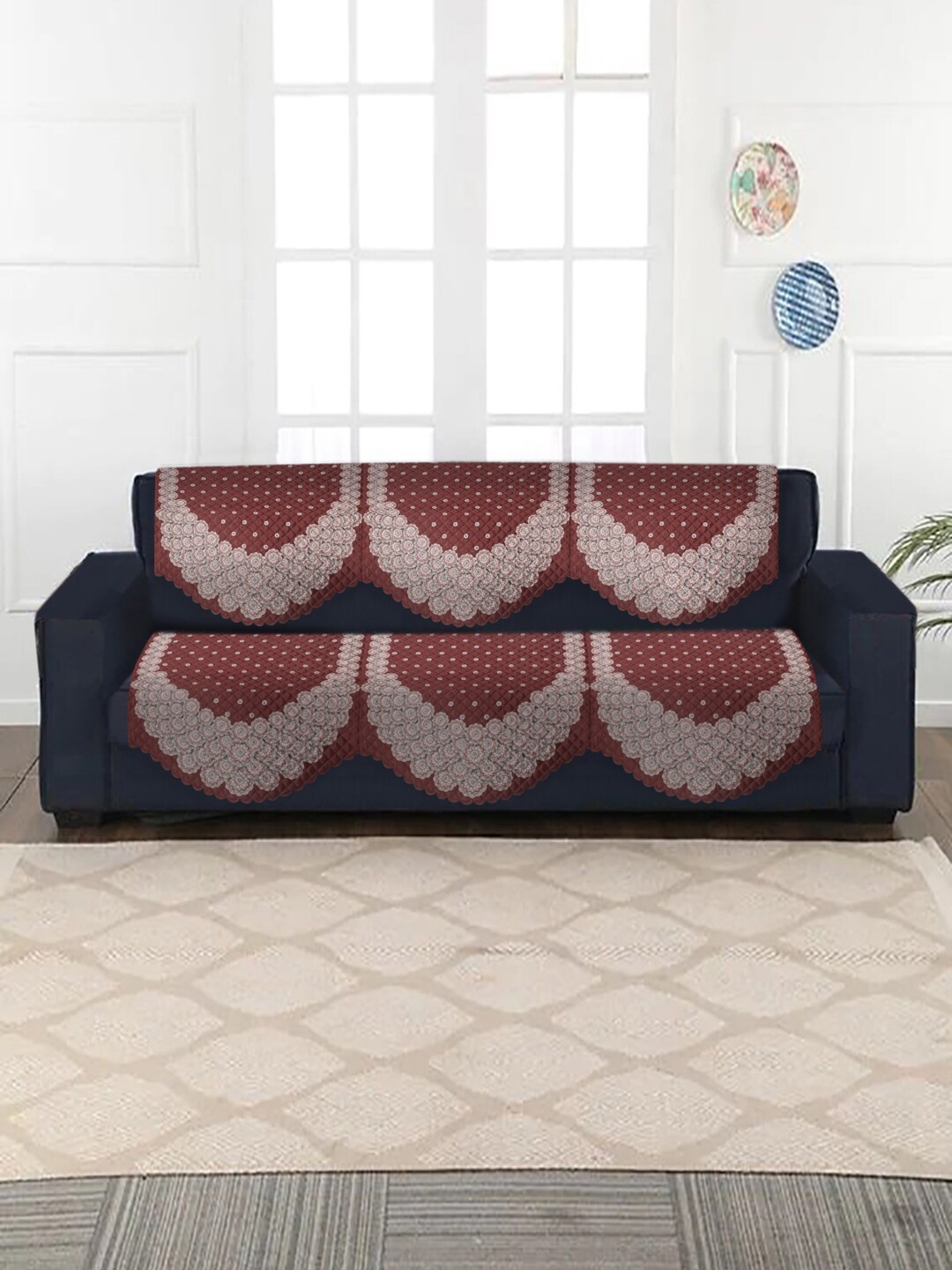 

SOKNACK 2-Pcs Maroon & Beige Ultra Punched Printed Soft Velvet 3-Seater Sofa Covers