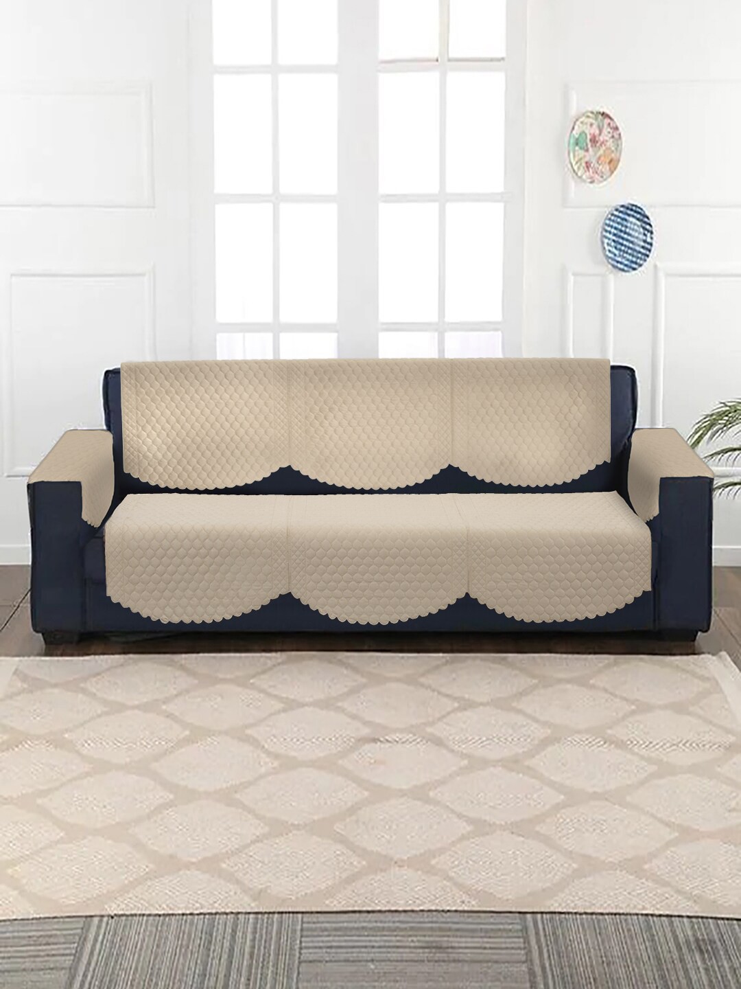 

SOKNACK 4-Pcs Beige Quilted Self Design Velvet 3-Seater Sofa Covers With Arm Rests