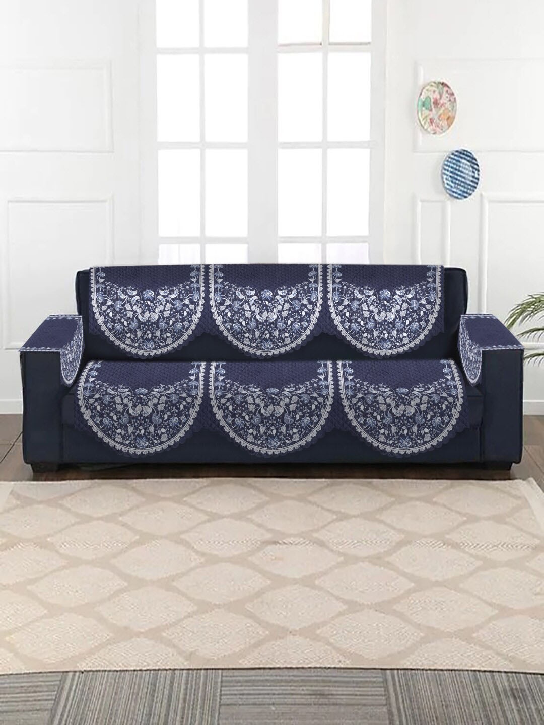 

SOKNACK 3-Seater Printed Sofa Cover With Arm Rest, Navy blue