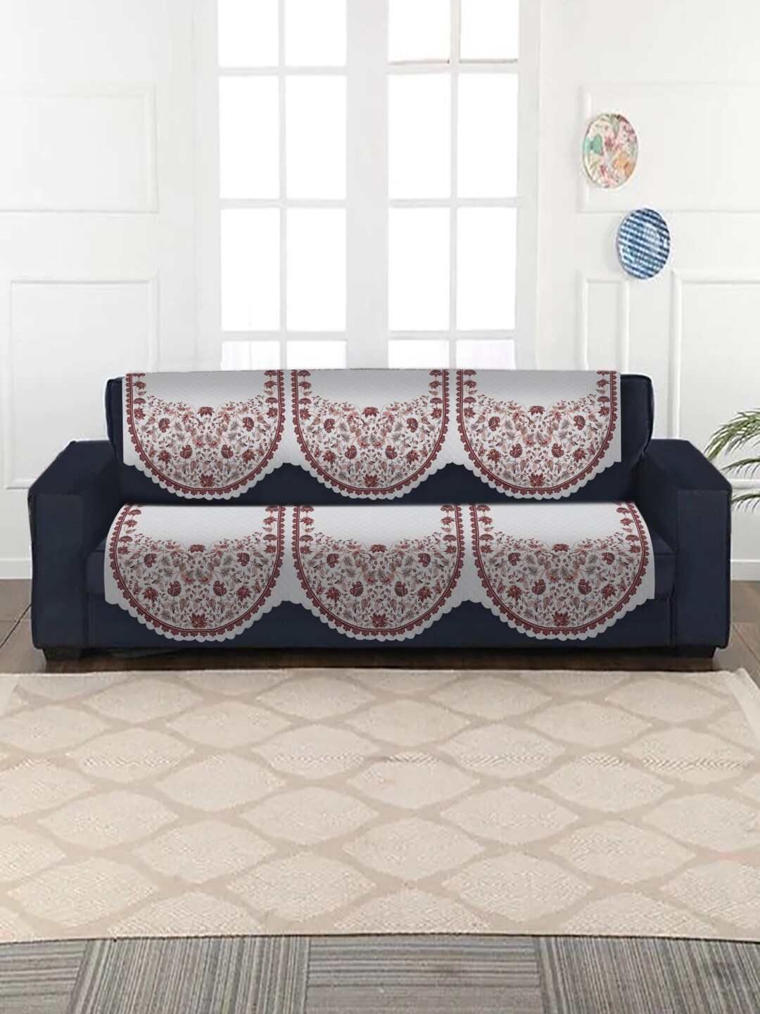 

SOKNACK White & Red Printed Ultrasonic Punched Velvet 3-Seater Sofa Covers