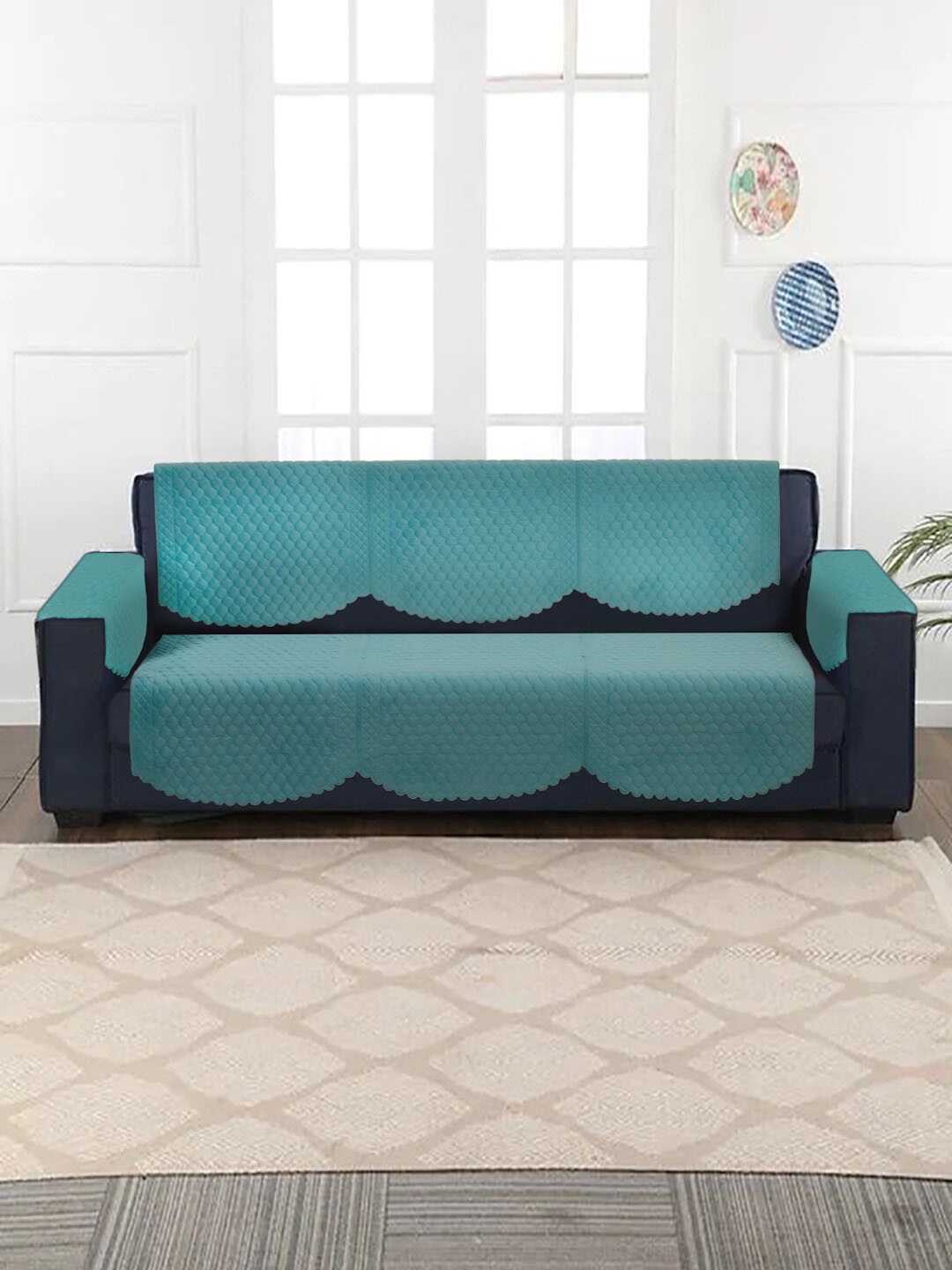 

SOKNACK Turquoise Blue Quilted Velvet 3-Seater Sofa Covers With Arm Rest Covers