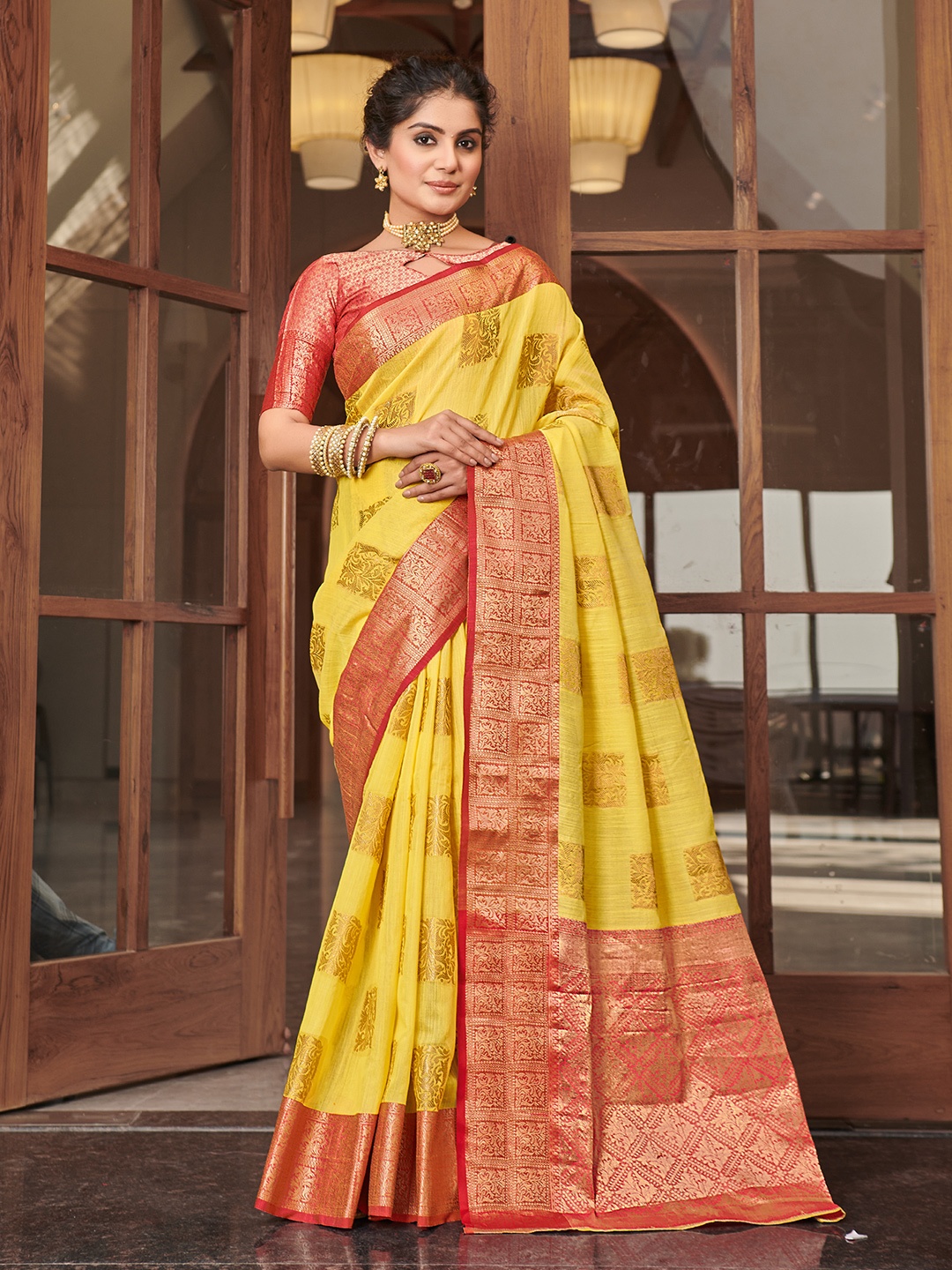 

KARAGIRI Ethnic Motifs Woven Design Zari Saree, Yellow