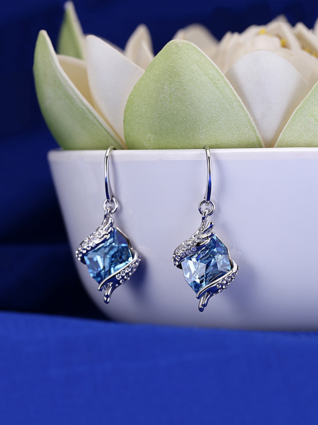 

Yellow Chimes Crystals from Swarovski Collection Blue & Silver-Toned Rhodium-Plated Drop Earrings