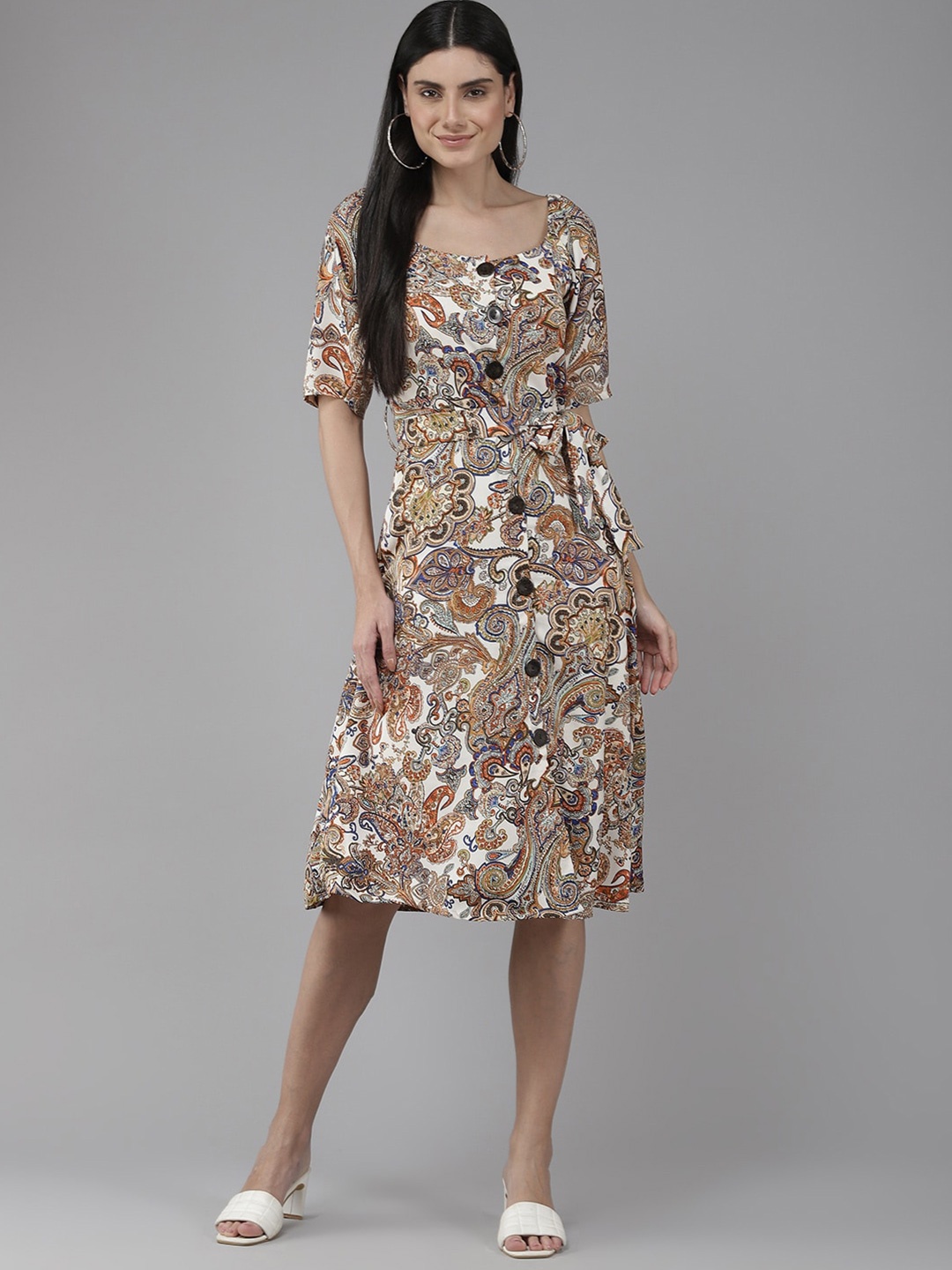 BAESD Ethnic Motifs Print Georgette A-line Dress, Cream