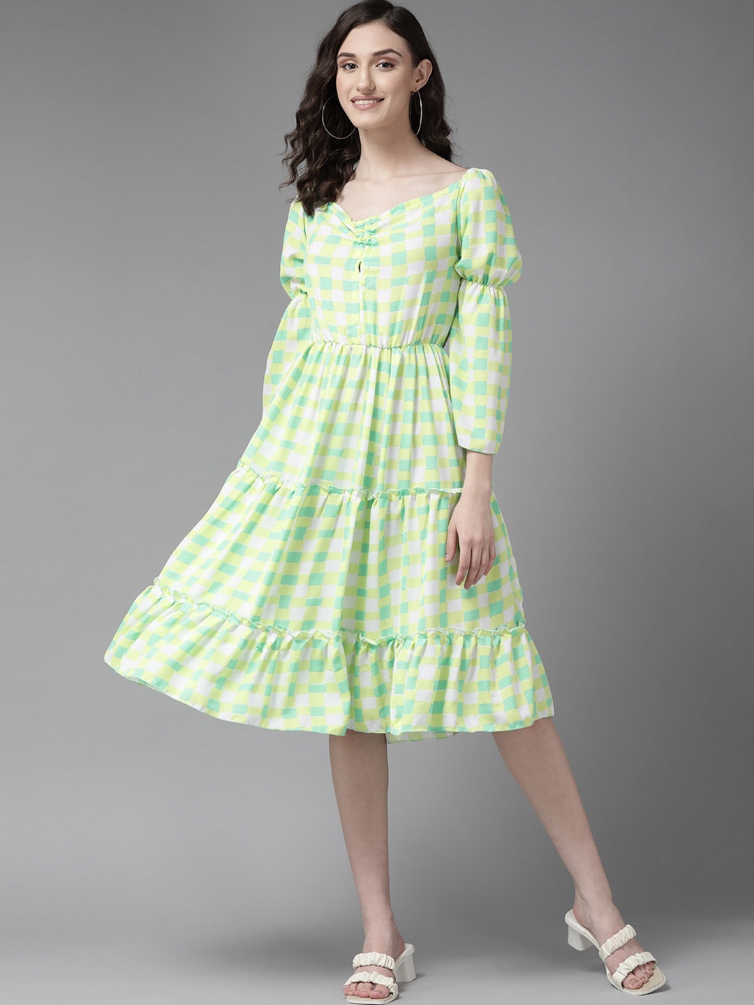 

BAESD Checked Puff Sleeve Fit & Flare Dress, Lime green