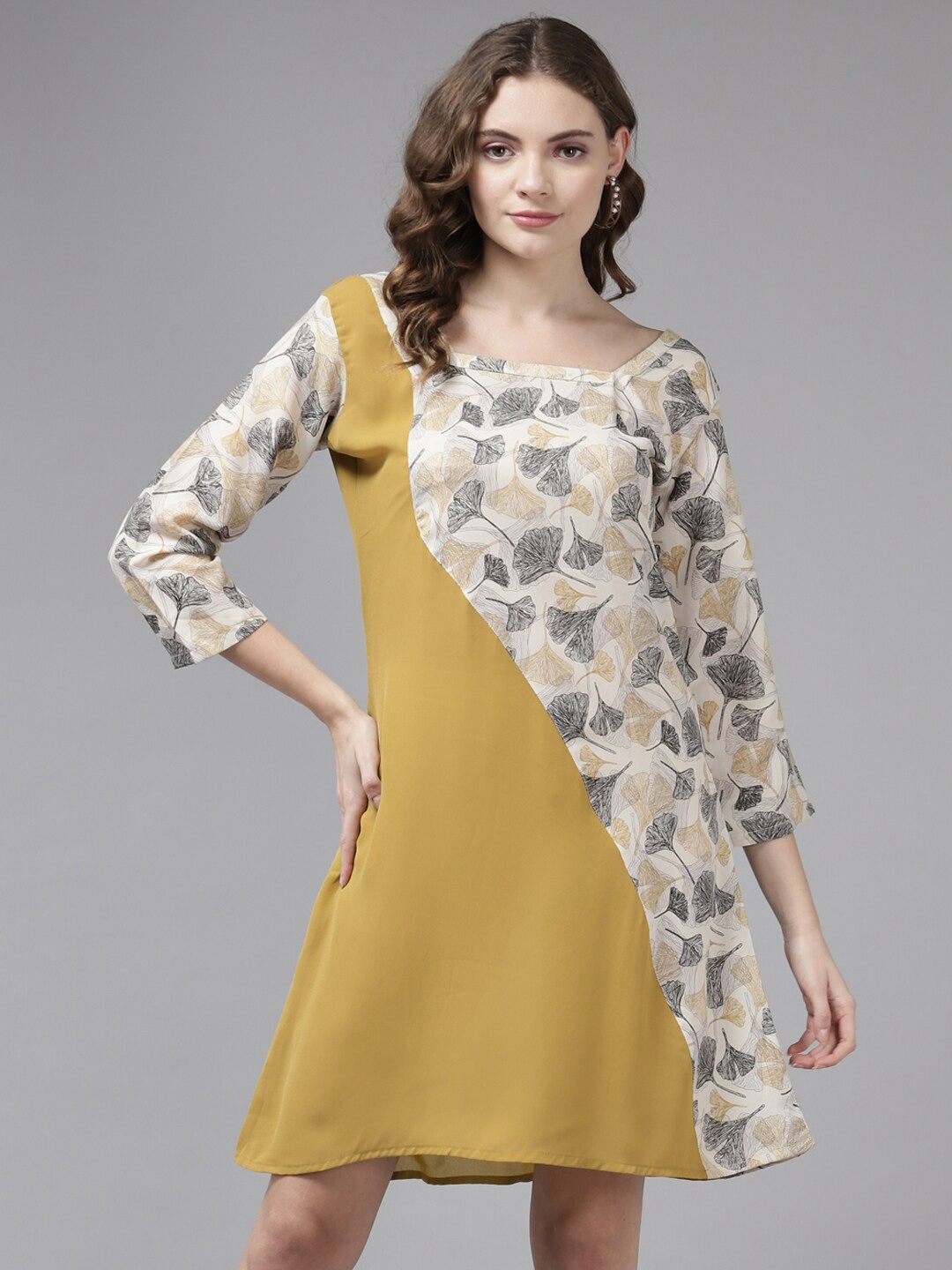 

BAESD Floral Printed Georgette A-Line Dress, Mustard