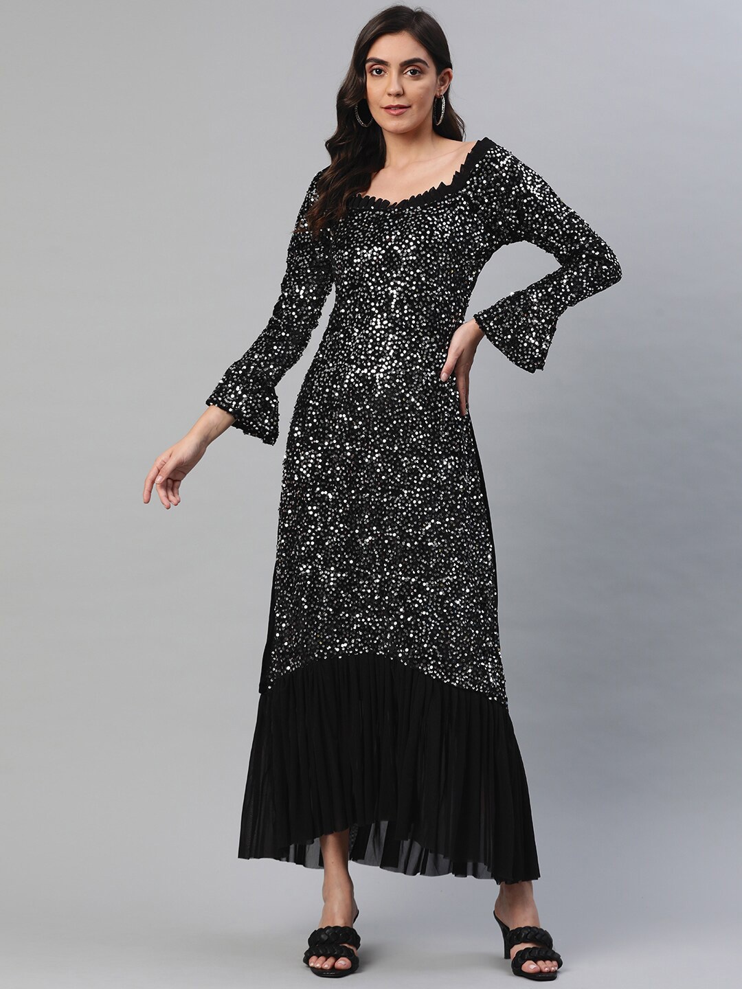 

BAESD Sequinned Sweet Heart Neck Bell Sleeves A-Line Dress, Black