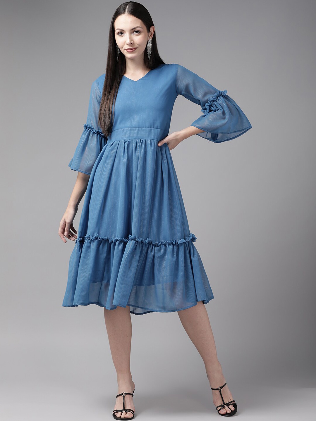 

BAESD V-Neck Georgette Fit And Flare Dress, Blue
