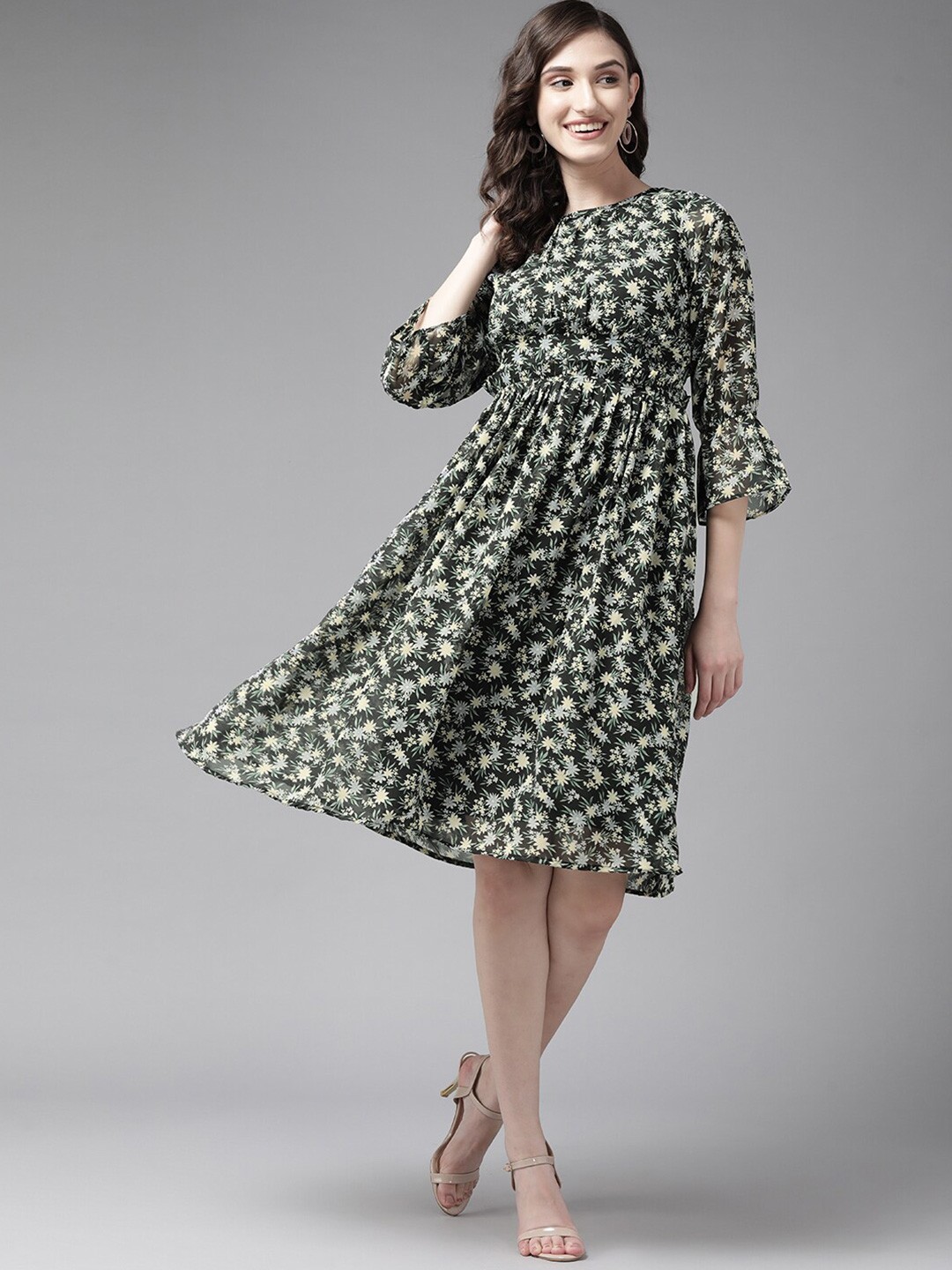 

BAESD Floral Print Bell Sleeve Georgette A-Line Dress, Black