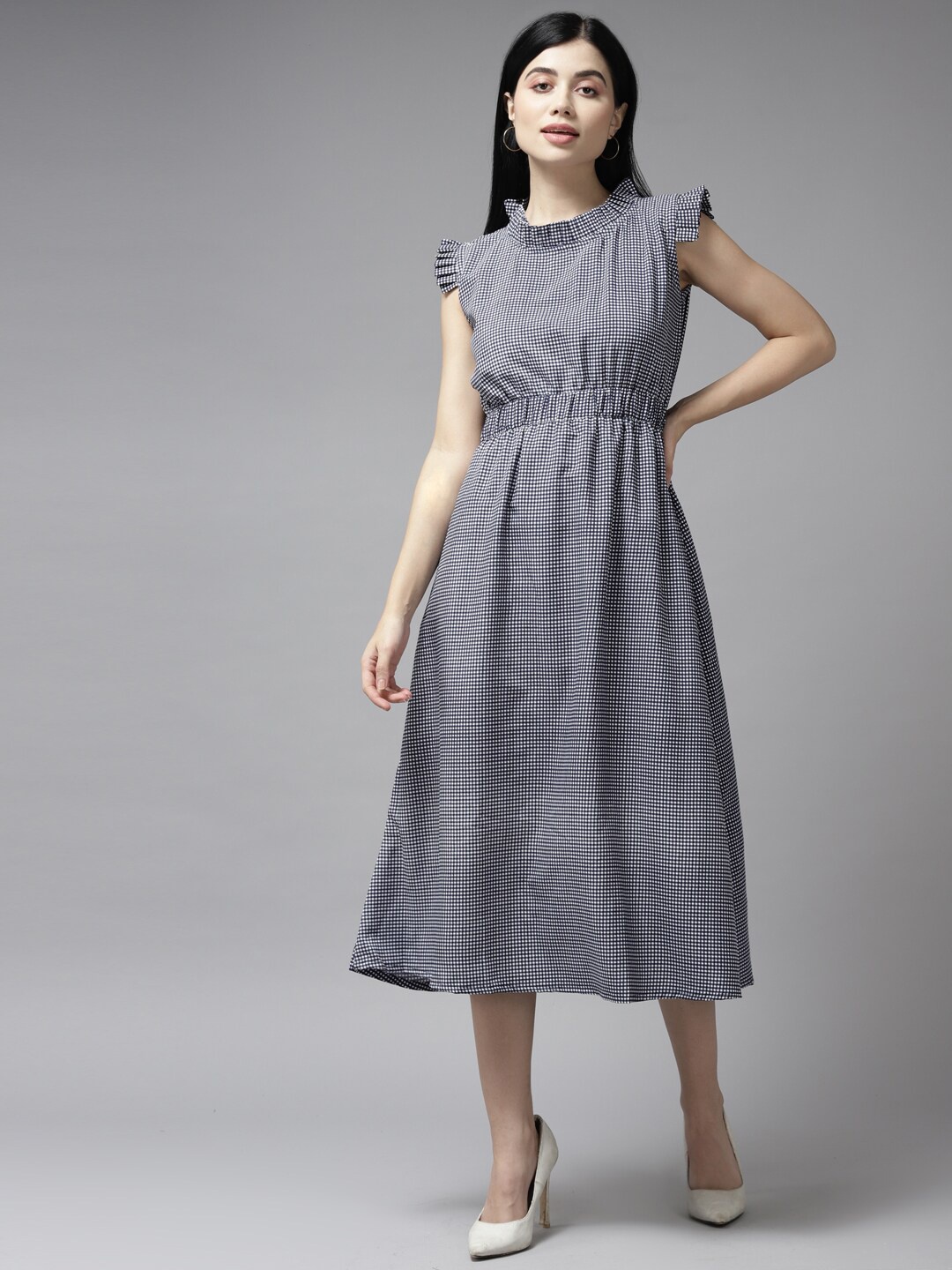 

BAESD Checked Flutter Sleeve Georgette A-Line Midi Dress, Navy blue