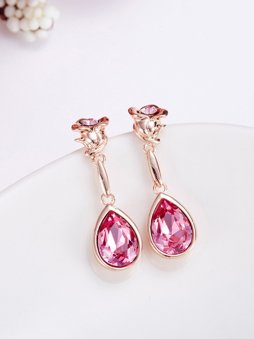 

Yellow Chimes Crystals from Swarovski Collection Pink & Rose Gold-Toned Rhodium-Plated Drop Earrings