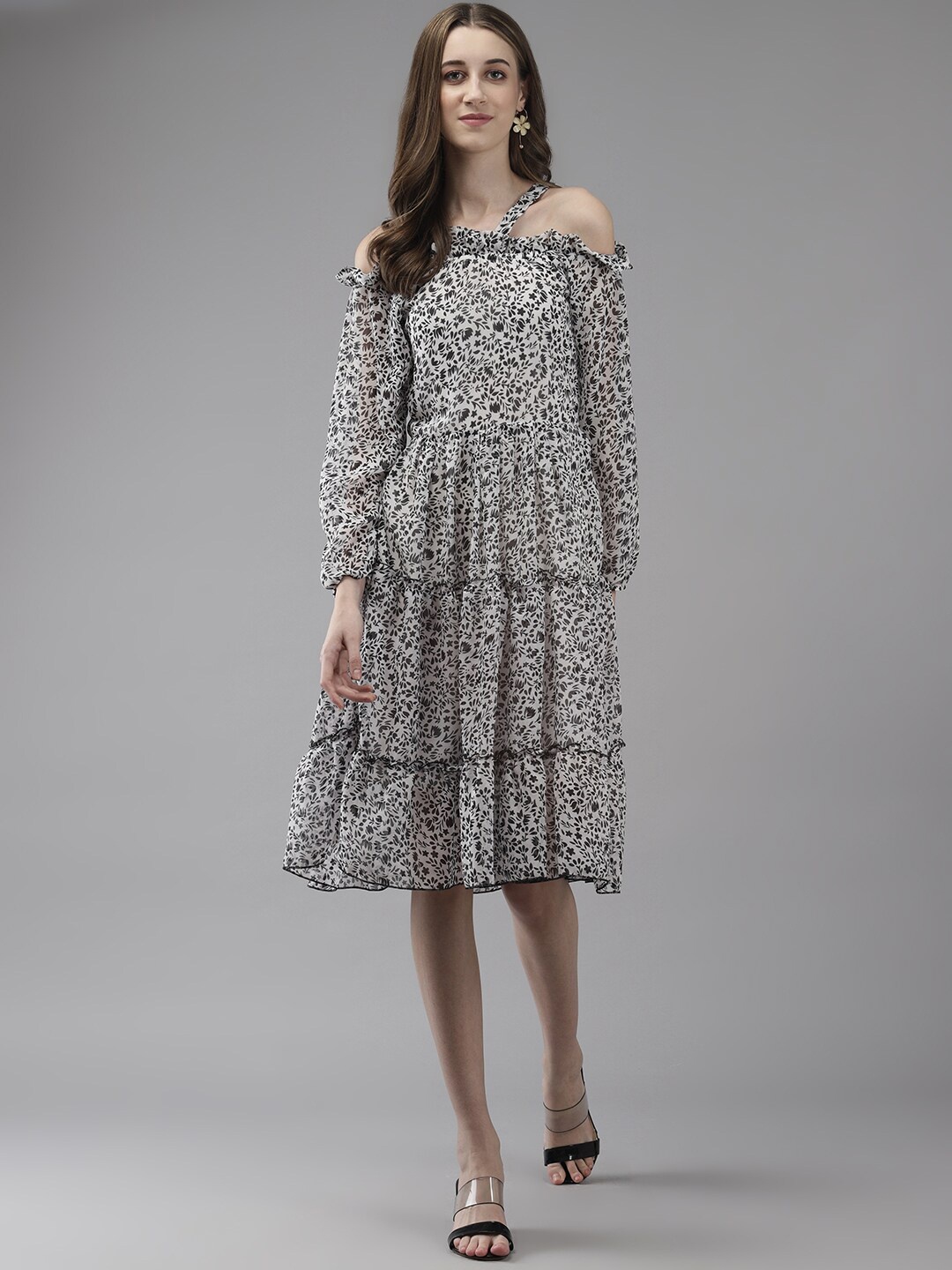 

BAESD Floral Print Puff Sleeve Georgette Fit & Flare Dress, Black