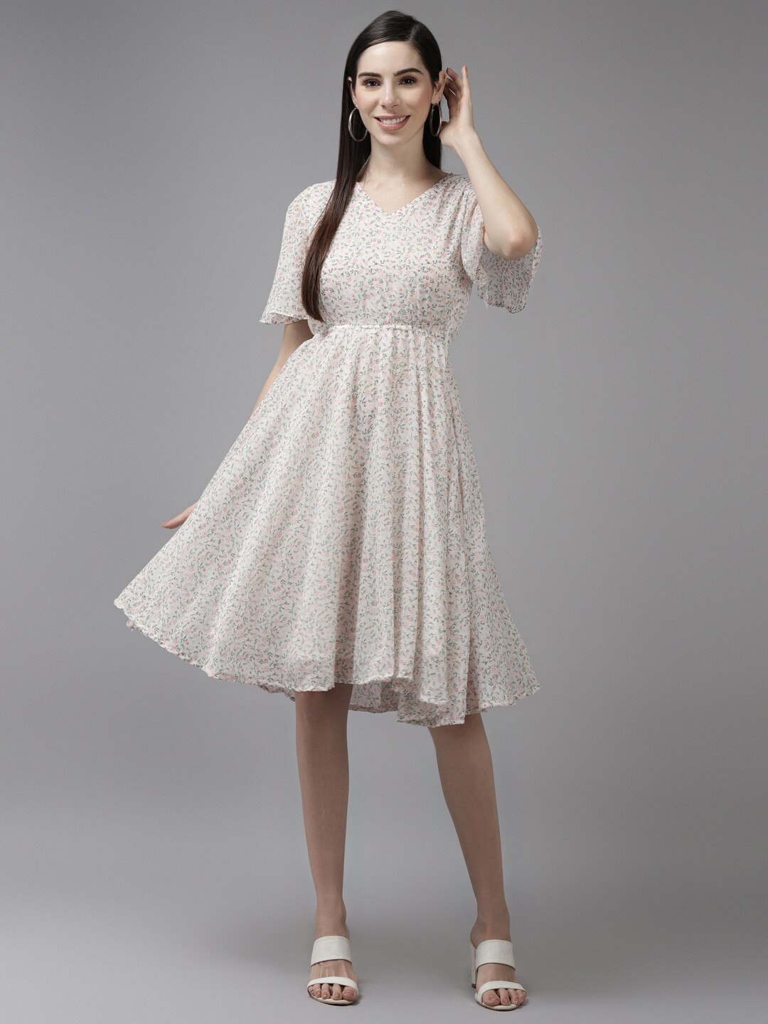 

BAESD Floral Printed Georgette Fit And Flare Dress, White