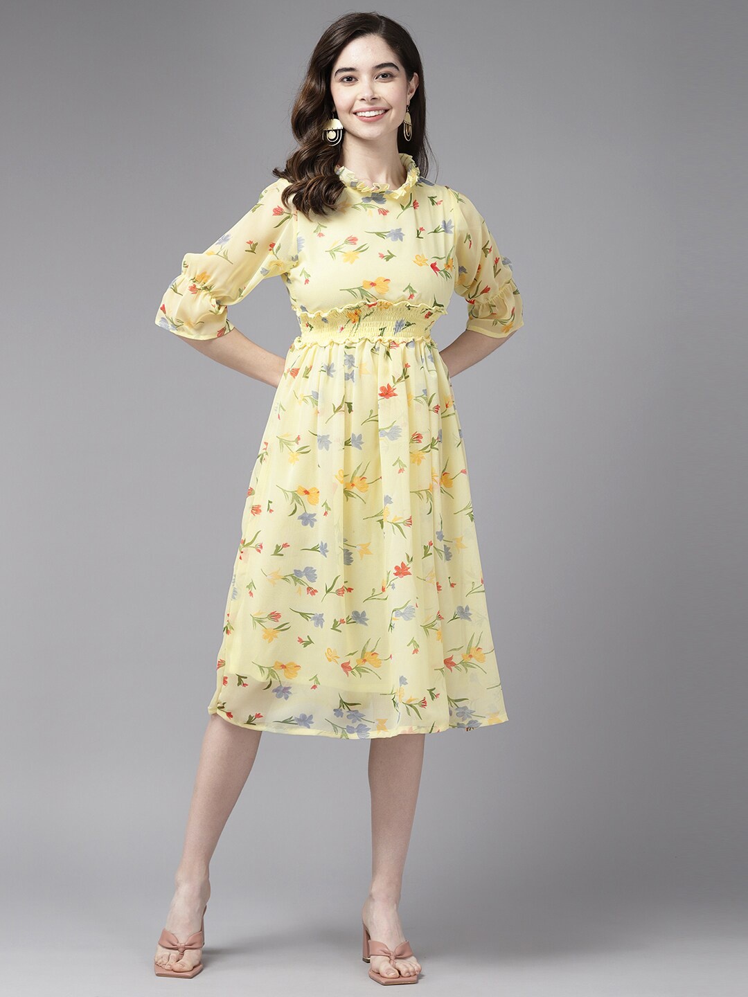 

BAESD Yellow Floral Print Georgette Peplum Dress