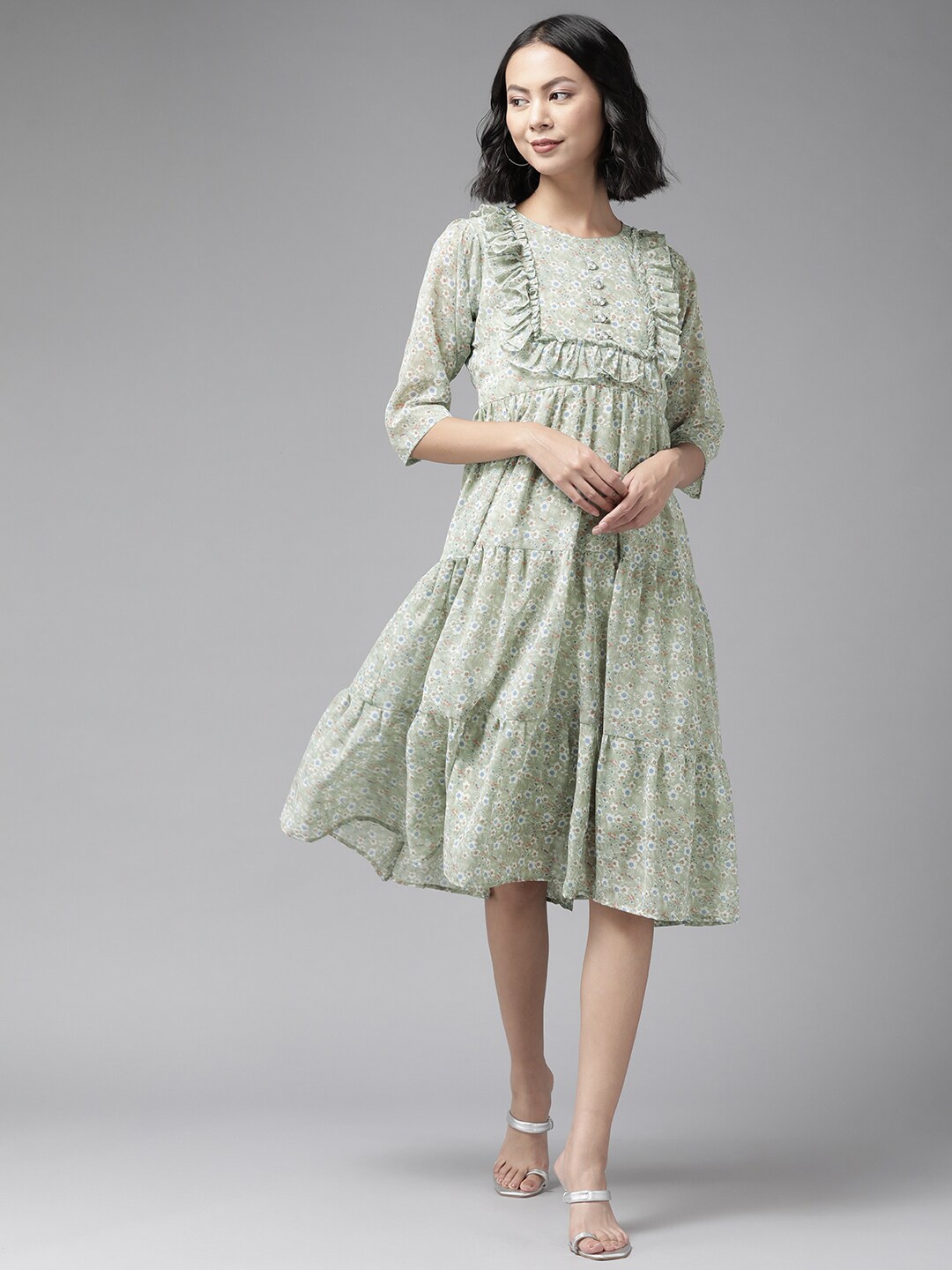 

BAESD Floral Printed Gathered Georgette Fit & Flare Midi Dress, Green