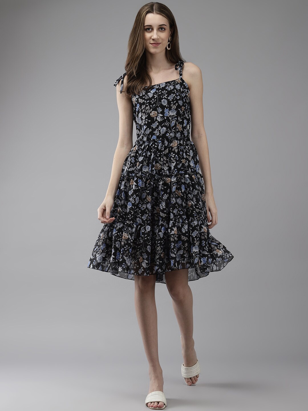 

BAESD Floral Print Shoulder Straps Georgette Fit & Flare Dress, Black