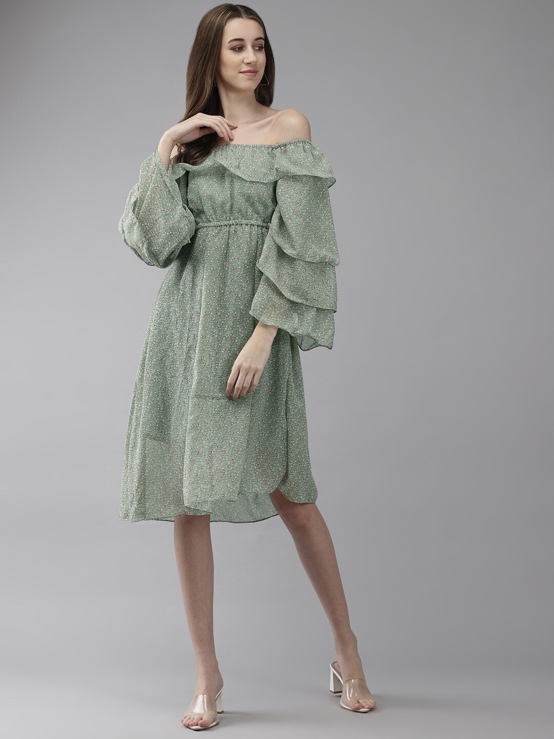 

BAESD Floral Printed Off-Shoulder Georgette A-Line Dress, Green