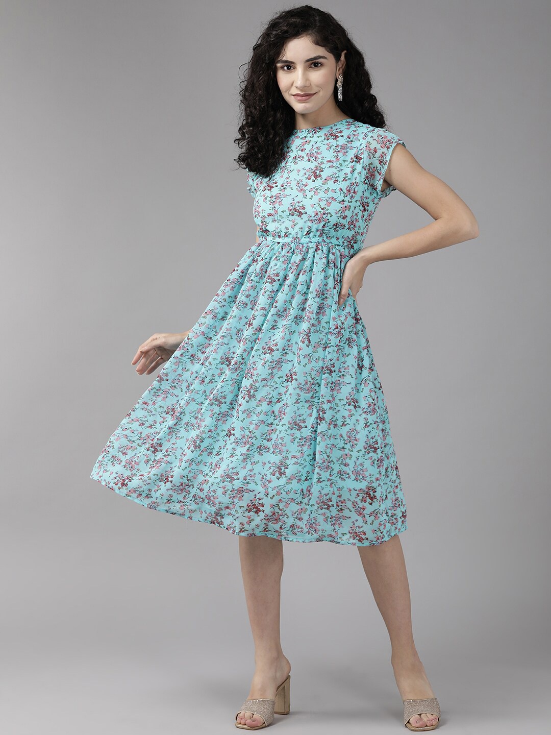 

BAESD Floral Print Georgette Fit & Flare Dress, Turquoise blue