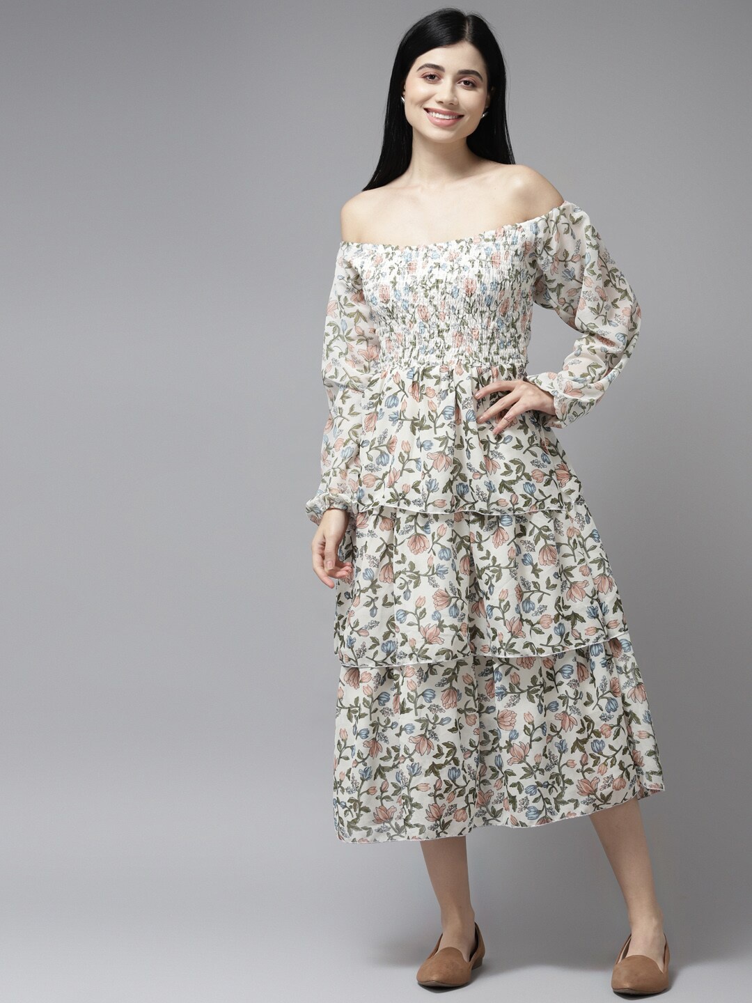 

BAESD Floral Print Off-Shoulder Puff Sleeve Georgette Fit & Flare Midi Dress, White