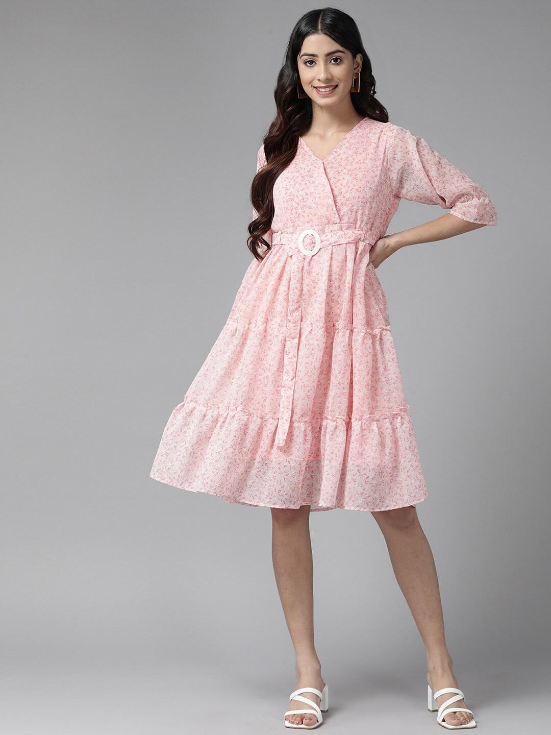 

BAESD Floral Printed Georgette Peplum Dress, Peach