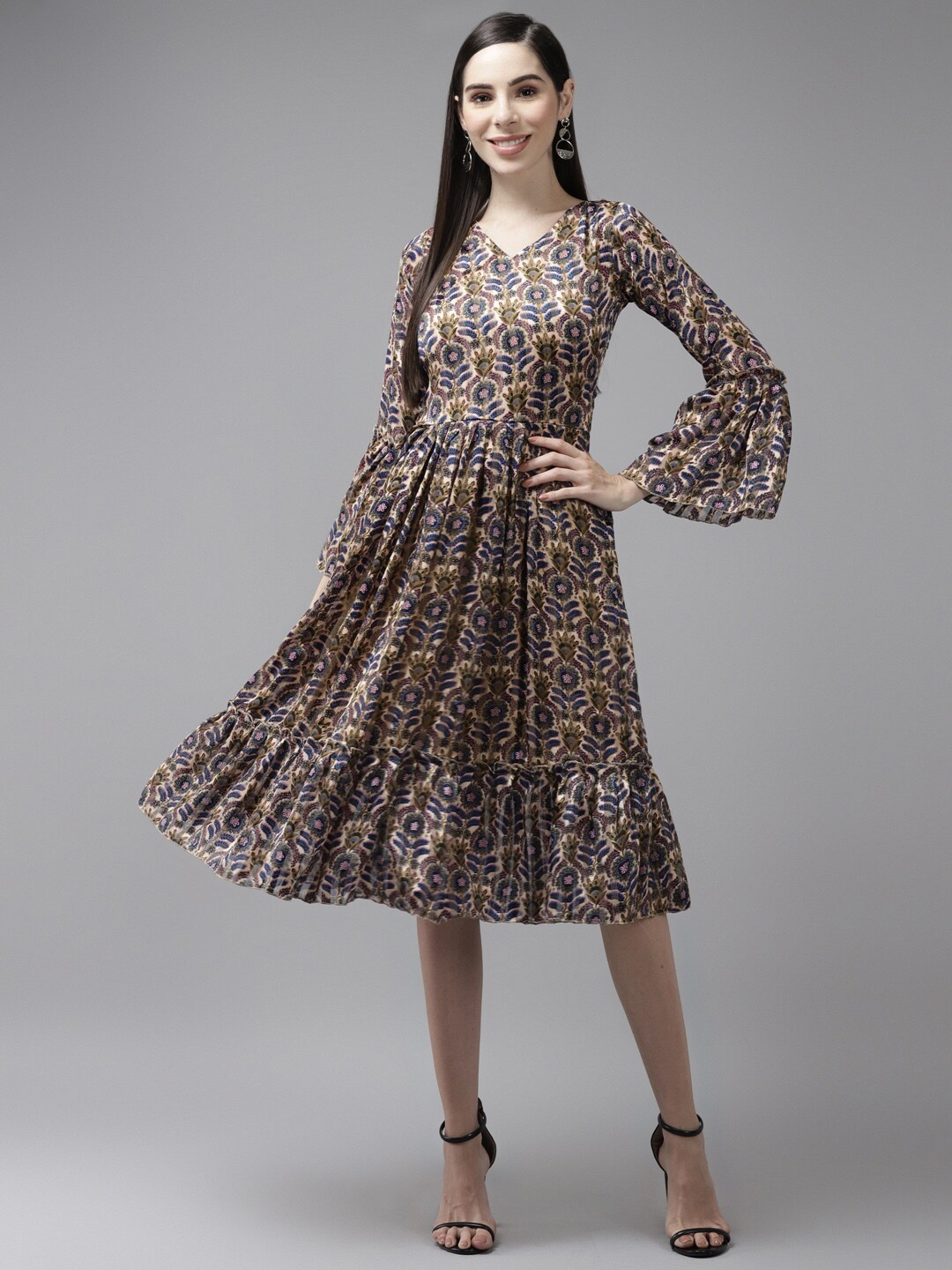 

BAESD Ethnic Motifs Printed Bell Sleeve Georgette A-Line Midi Dress, Beige
