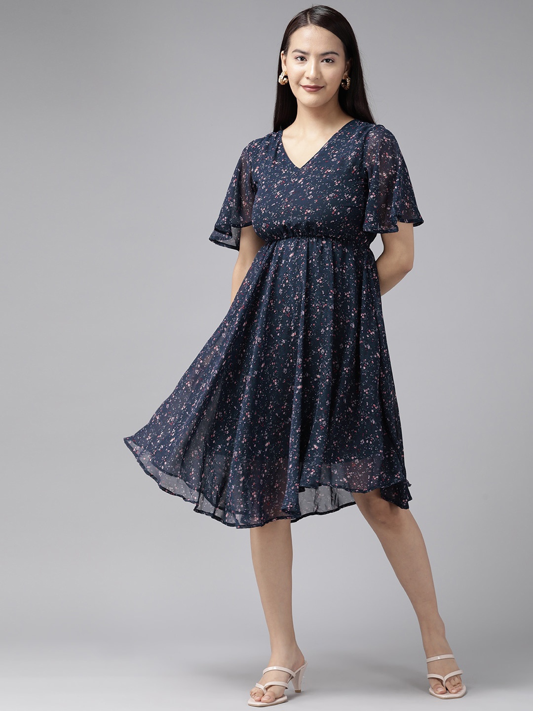 

BAESD Floral Printed Flared Sleeves Georgette Fit & Flare Dress, Navy blue