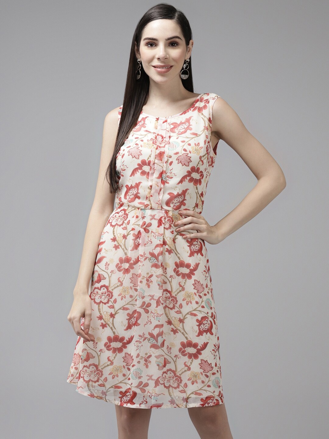 

BAESD Floral Printed Georgette Fit & Flare Dress, Off white