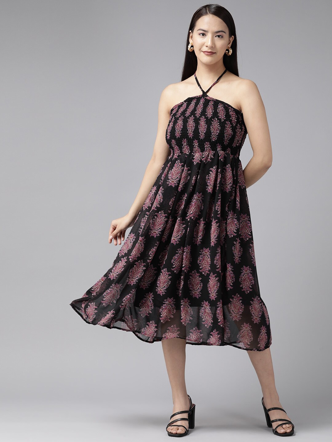 

BAESD Floral Printed Georgette Sheath Maxi Dress, Black