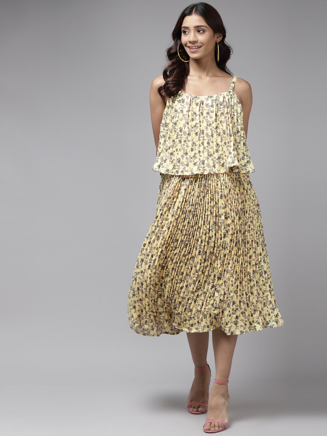 BAESD Floral Print Georgette A-Line Midi Dress, Yellow