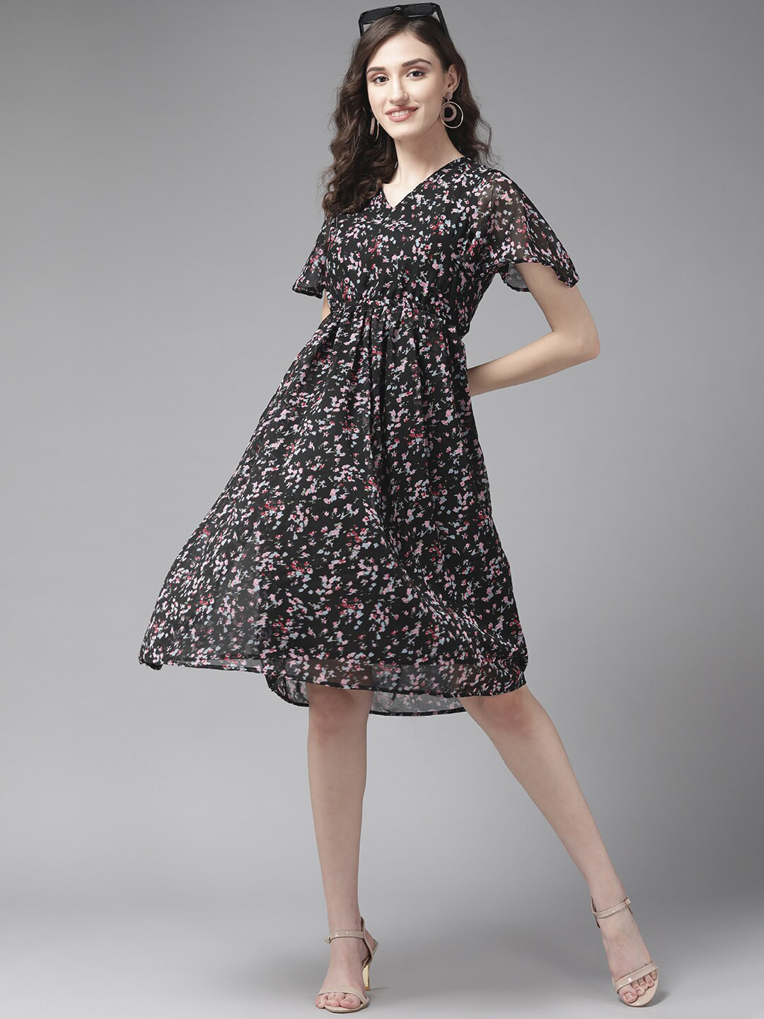 

BAESD Floral Print Flared Sleeve Georgette A-Line Midi Dress, Black