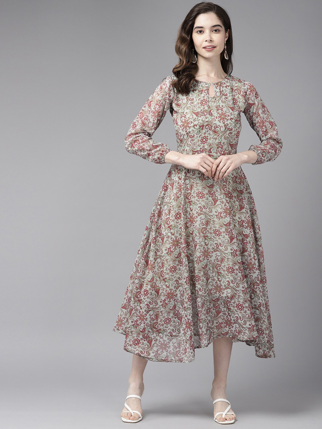 

BAESD Floral Printed Georgette A-Line Dress, Green