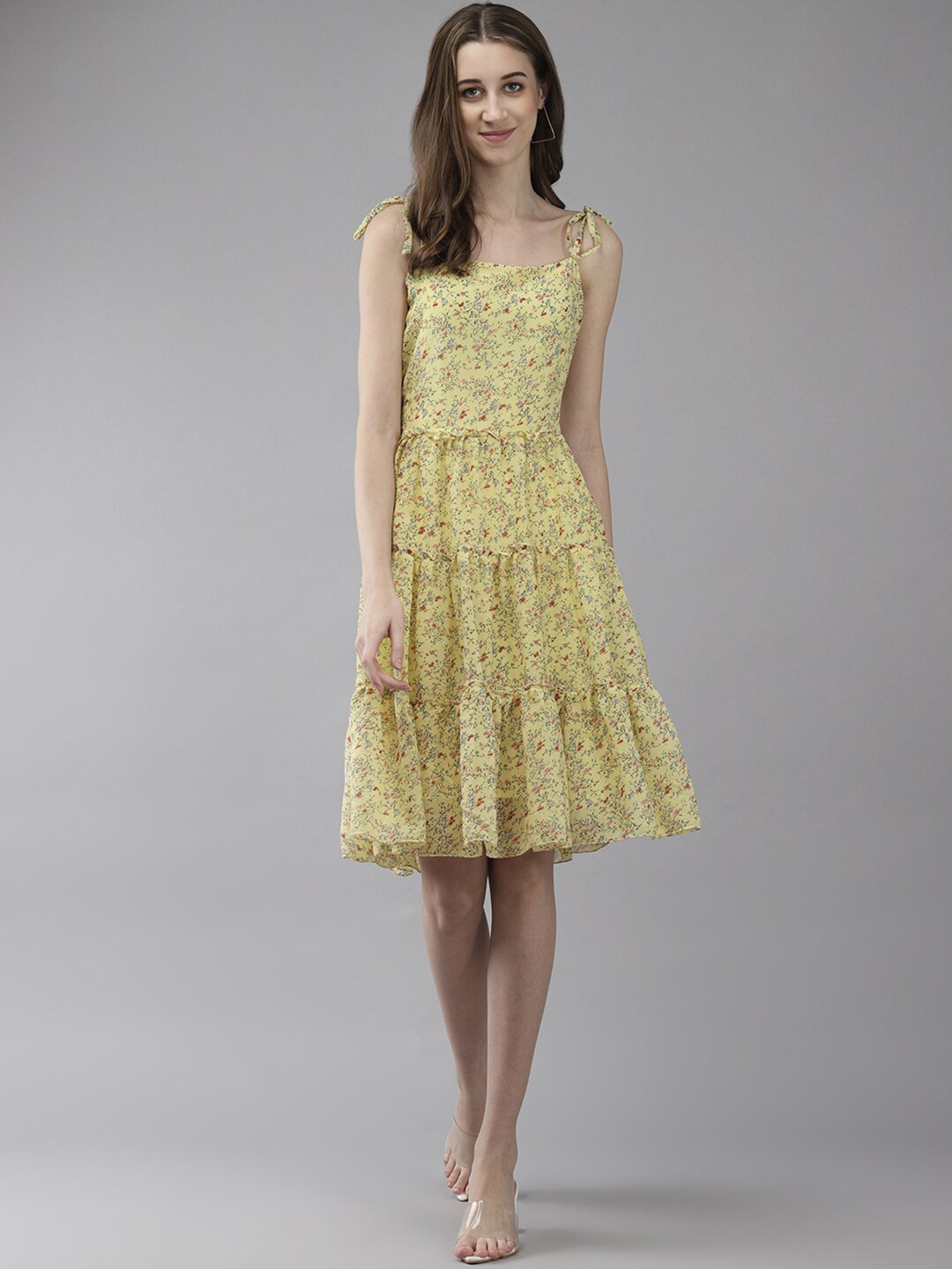 

BAESD Floral Print Georgette Fit & Flare Dress, Yellow