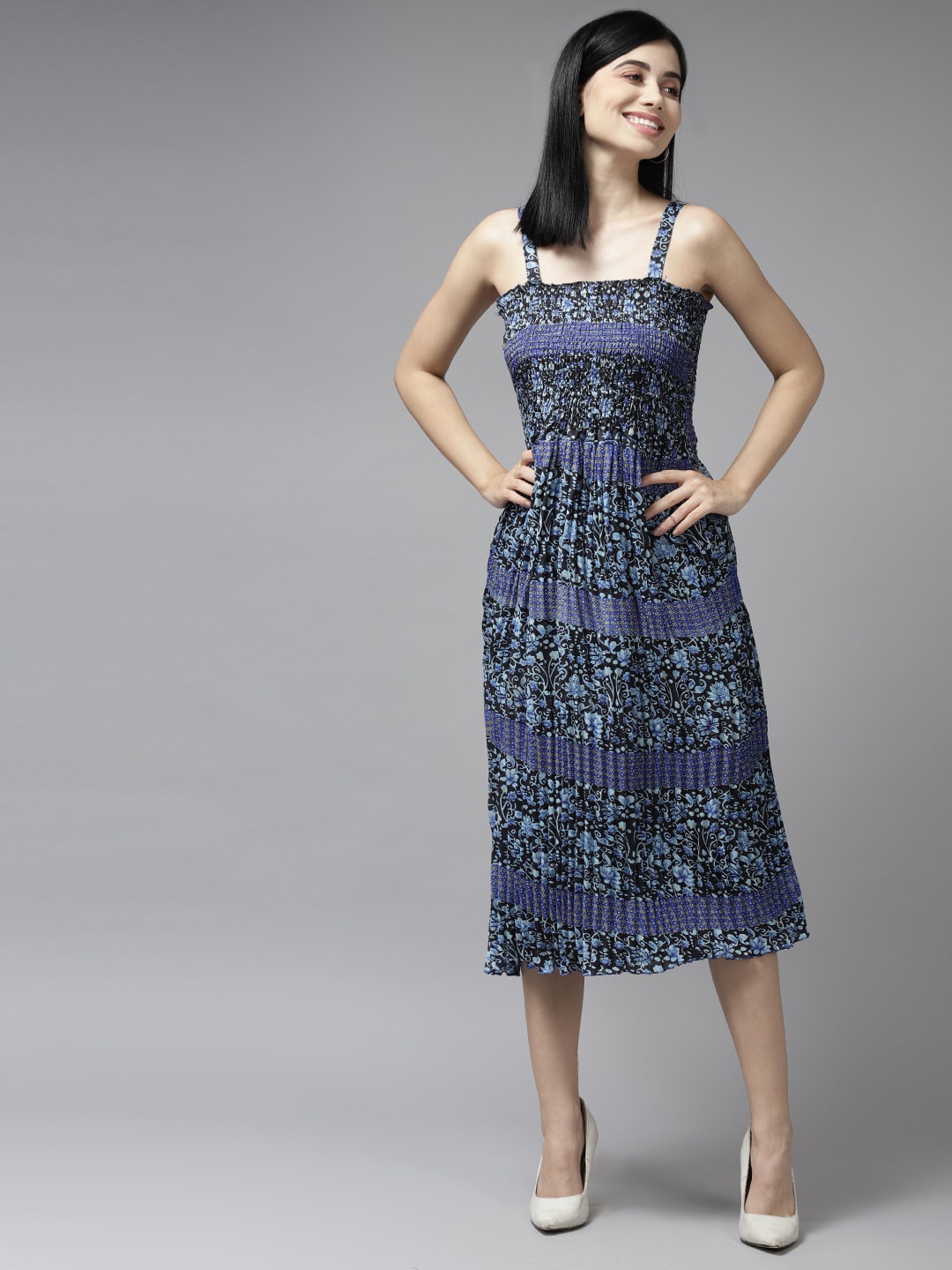 

BAESD Ethnic Motifs Printed Georgette A-Line Midi Dress, Blue