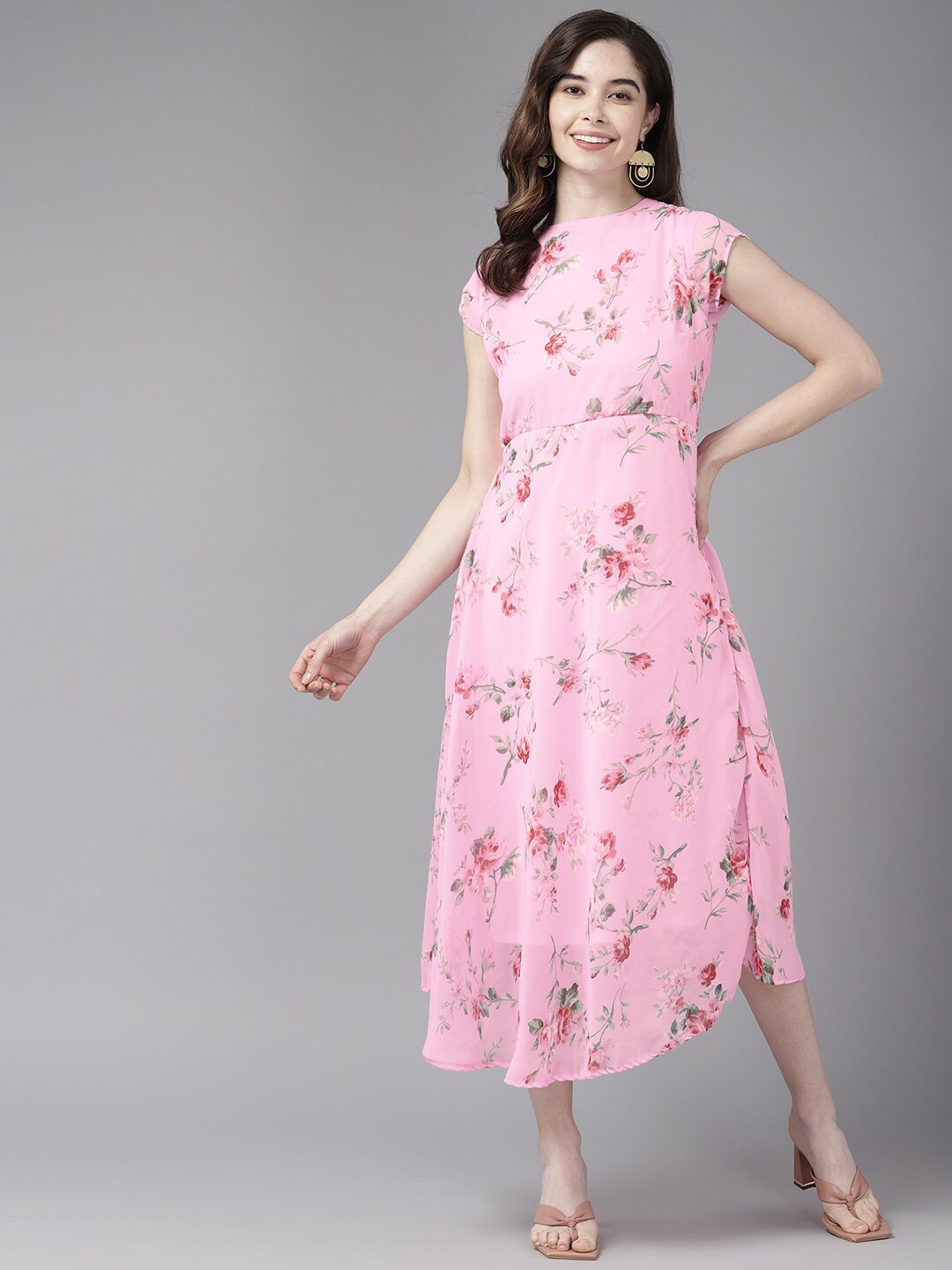 

BAESD Floral Printed Georgette A-Line Midi Dress, Pink