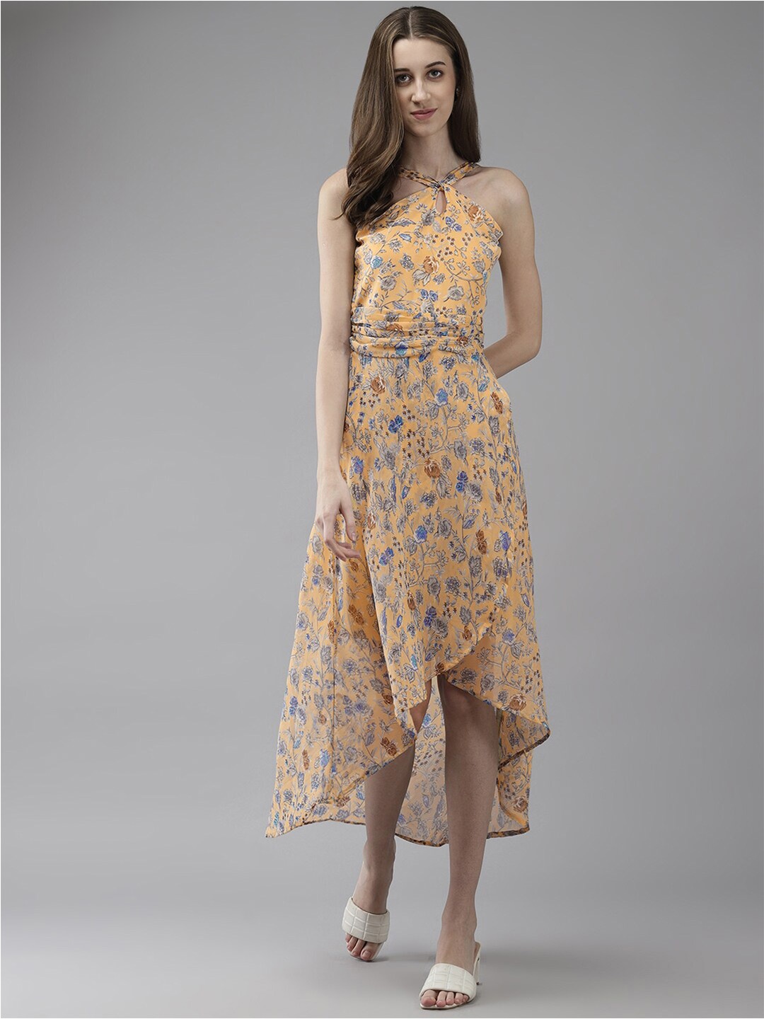 BAESD Floral Print Georgette A-Line Midi Dress, Yellow