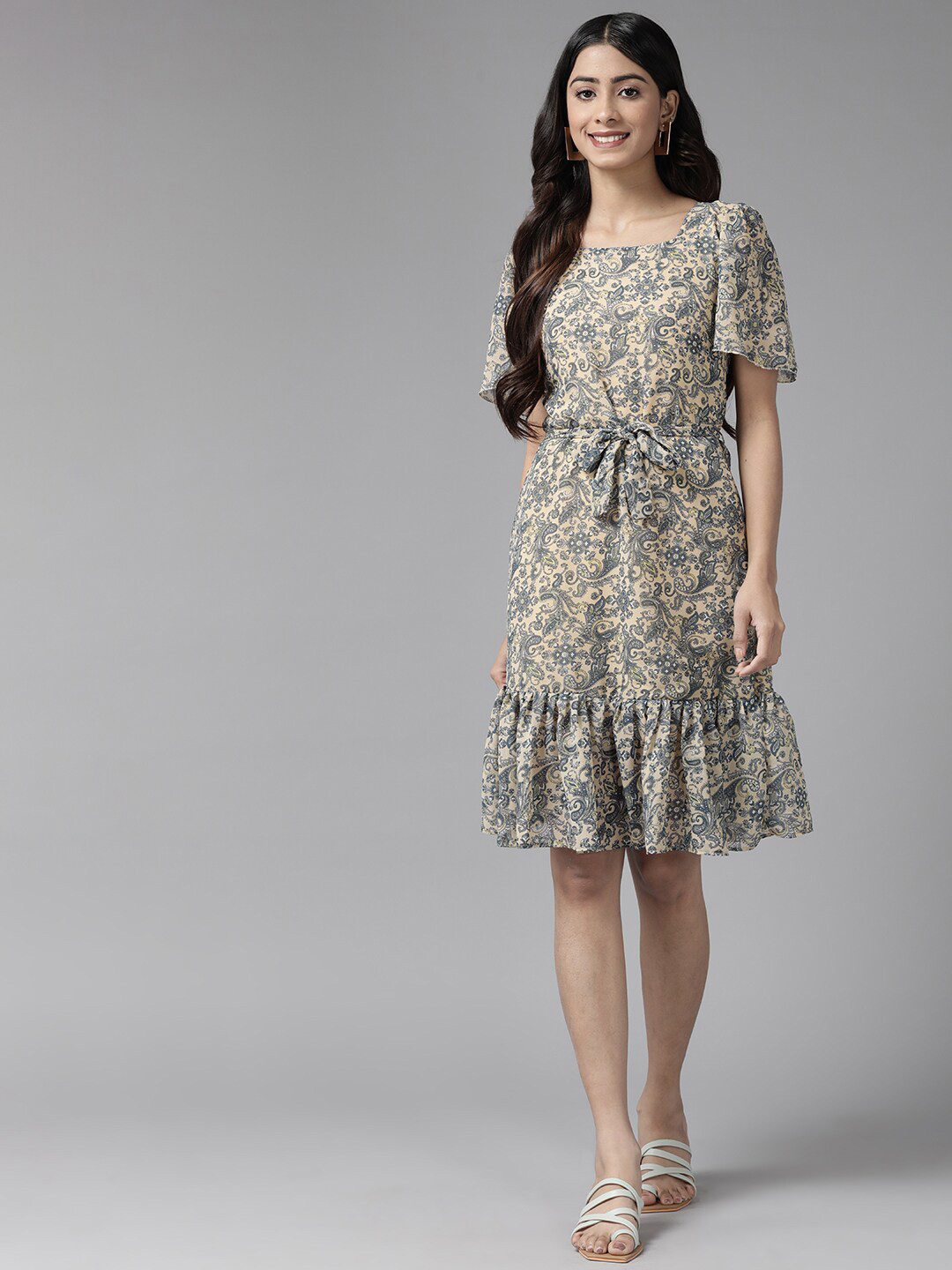 

BAESD Ethinic Print Georgette A -line Dress, Beige