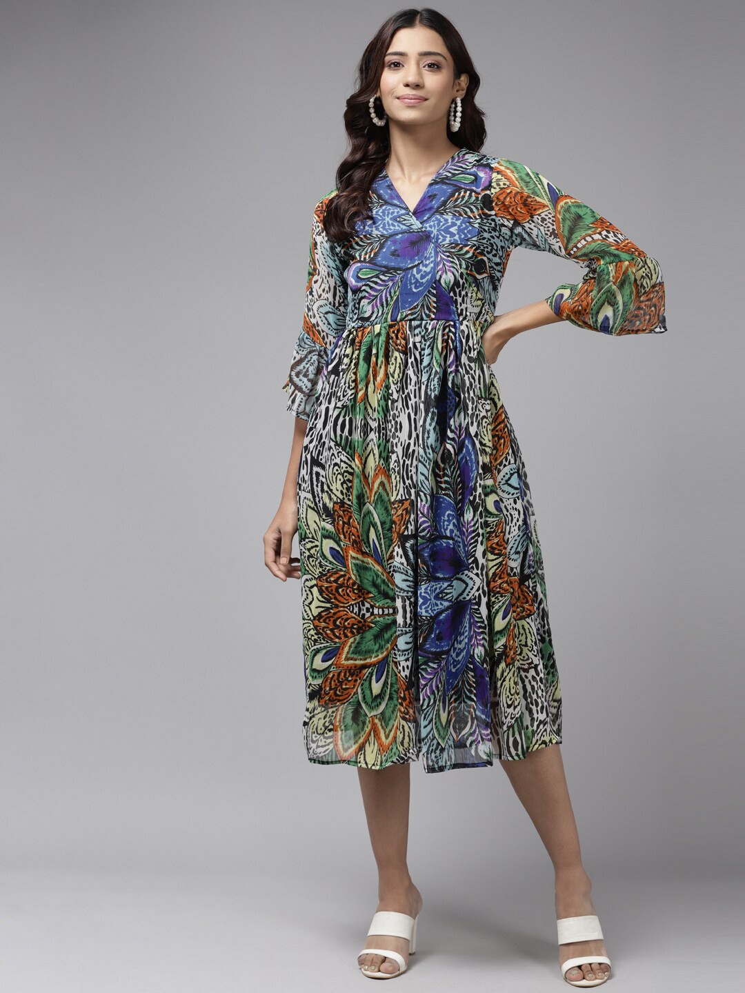 

BAESD Ethnic Motifs Print Bell Sleeve Georgette A-Line Midi Dress, White