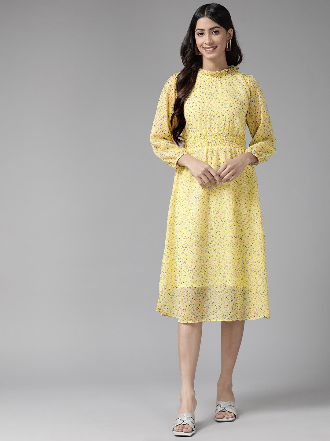 

BAESD Floral Print Puff Sleeve Georgette A-Line Dress, Yellow