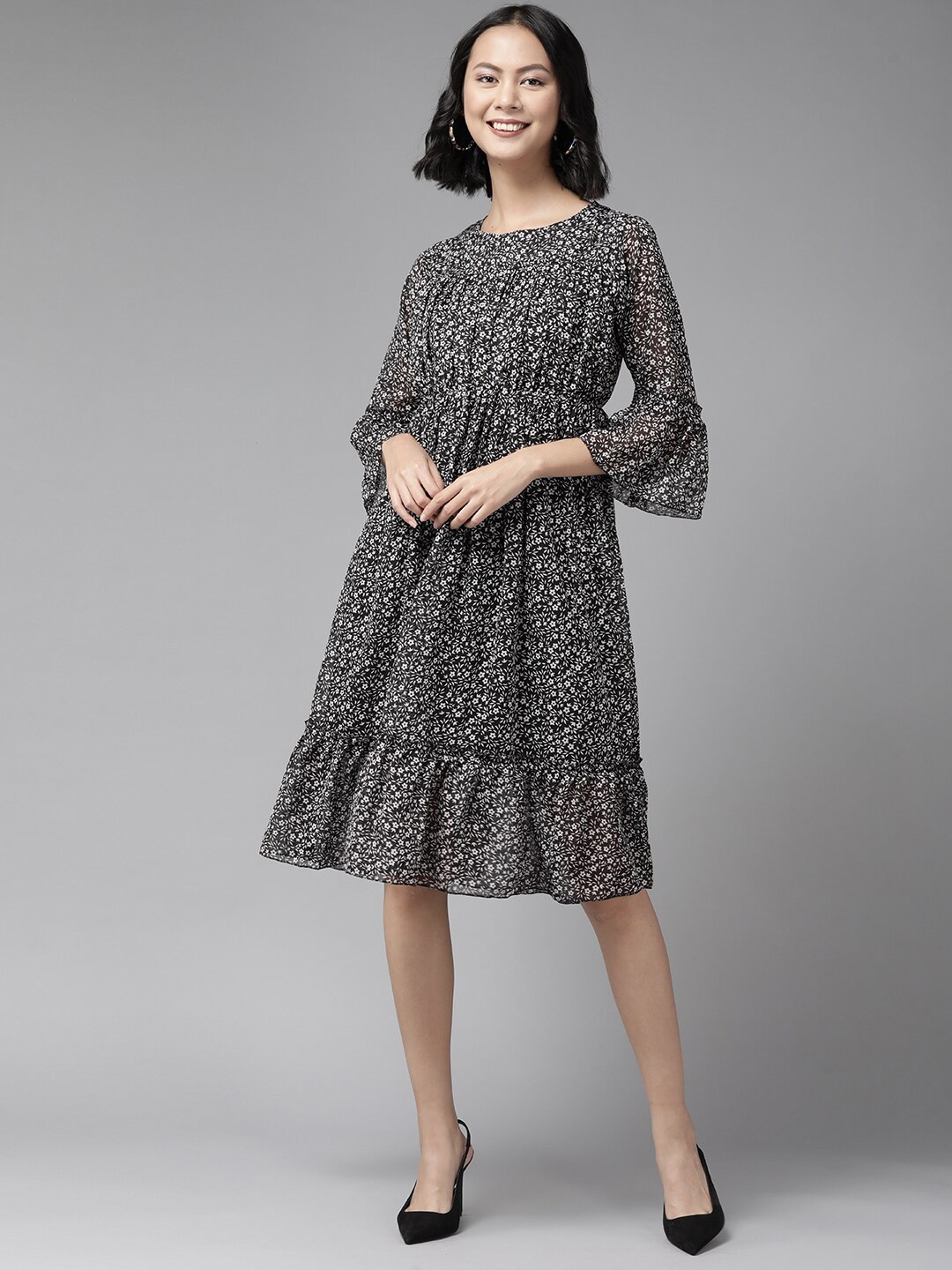 

BAESD Floral Printed Georgette Fit & Flare Dress, Black