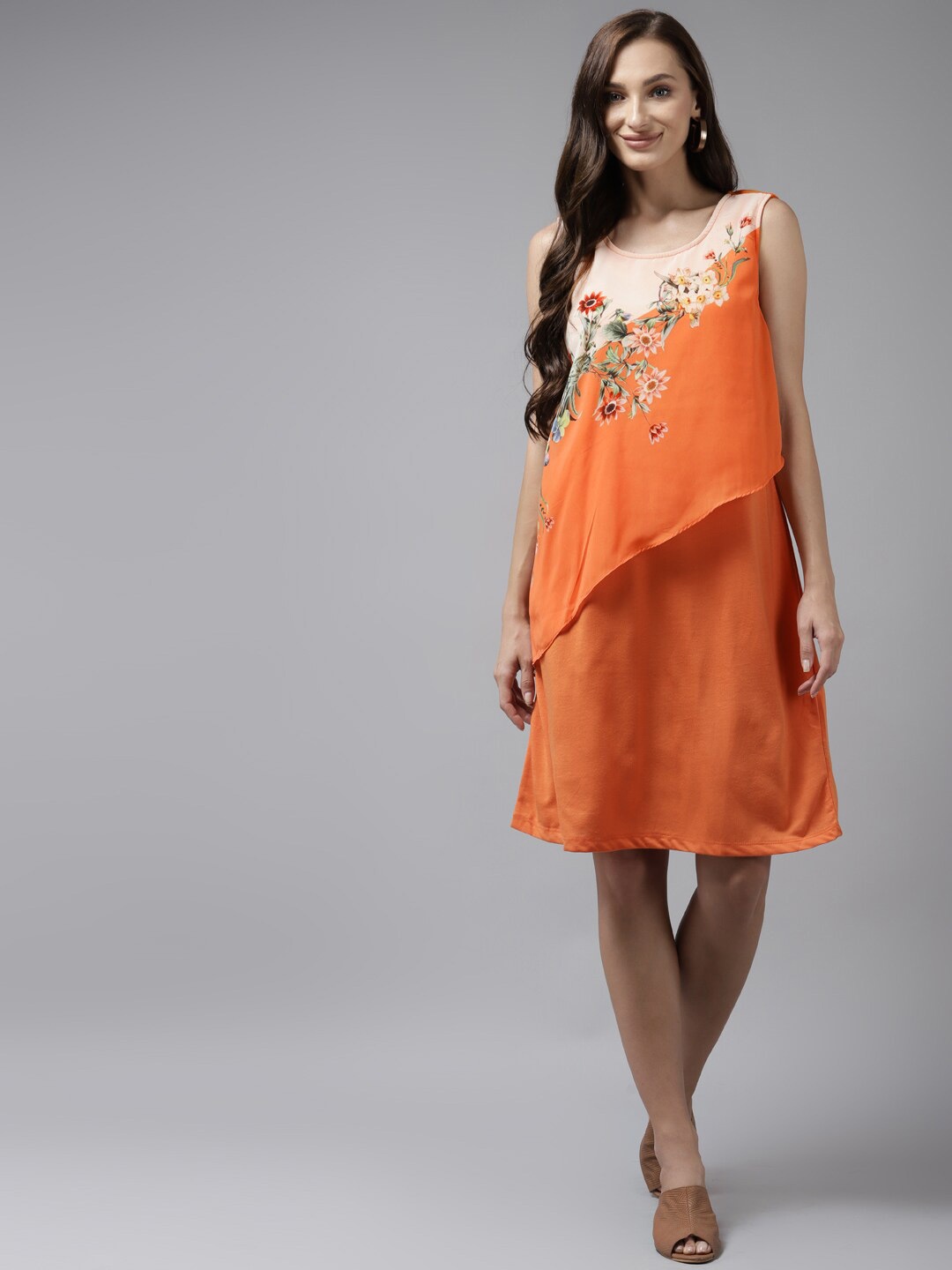 

BAESD Floral Printed Cotton A-Line Dress, Orange