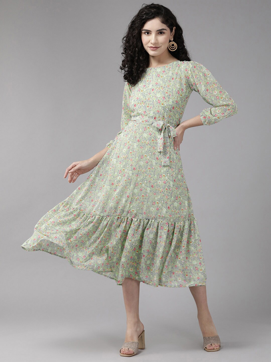 

BAESD Floral Print Georgette A-Line Dress, Green