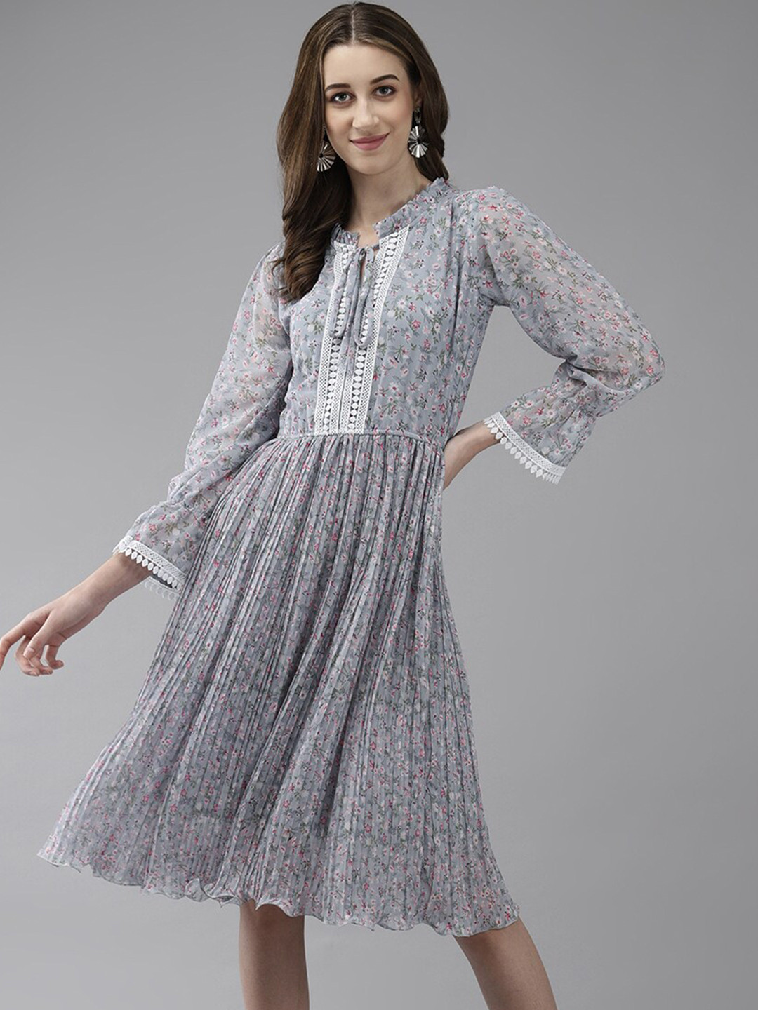 

BAESD Floral Print Georgette Fit and Flare Dress, Grey