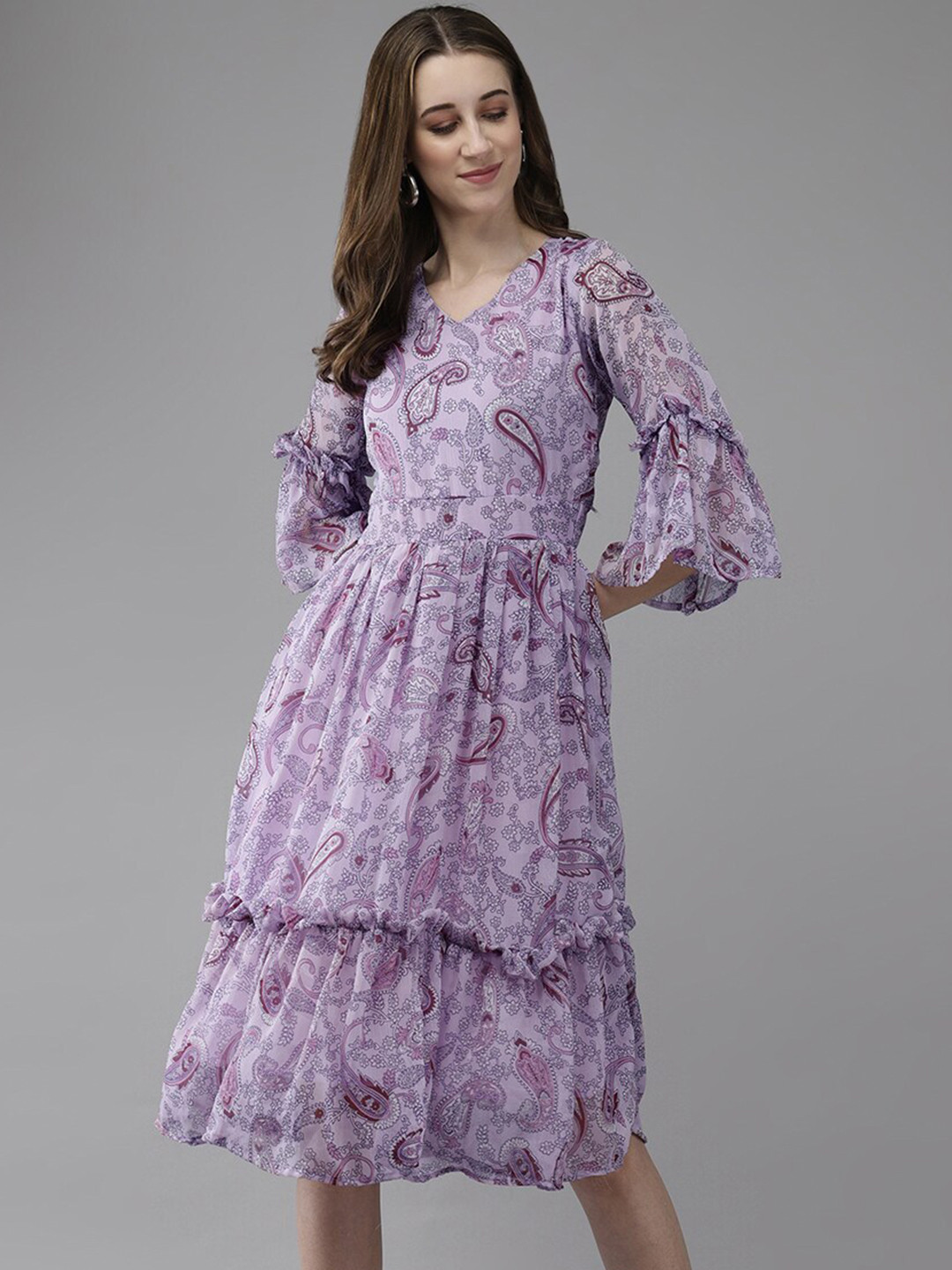 

BAESD Floral Print Bell Sleeve Georgette Fit and Flare Dress, Purple