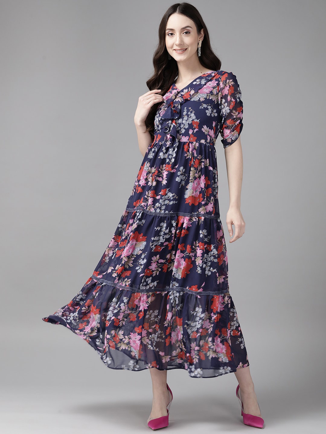 

BAESD Floral Printed Puff Sleeves Georgette Maxi Dress, Navy blue