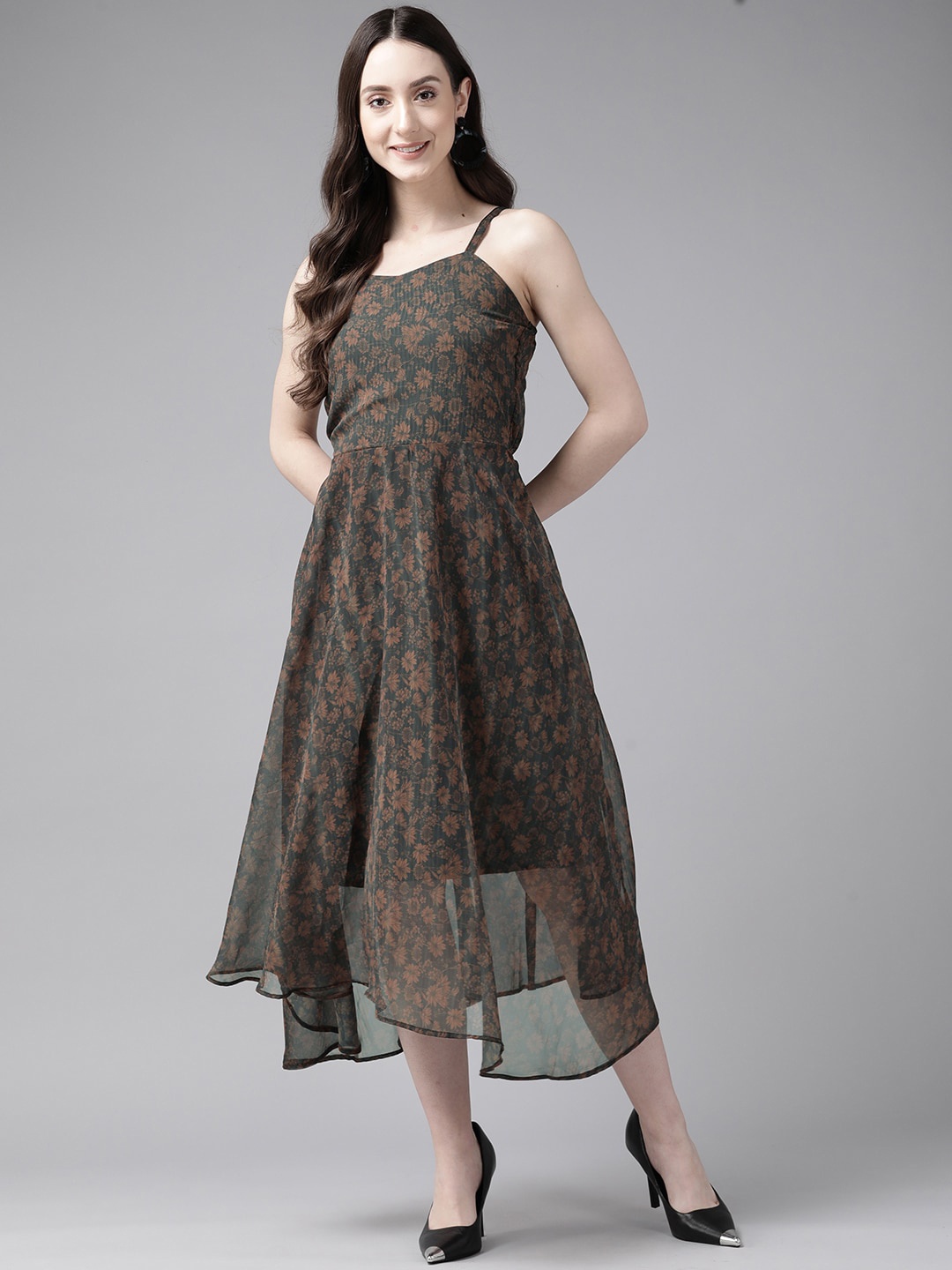 

BAESD Floral Printed Georgette Fit And Flare Dress, Olive
