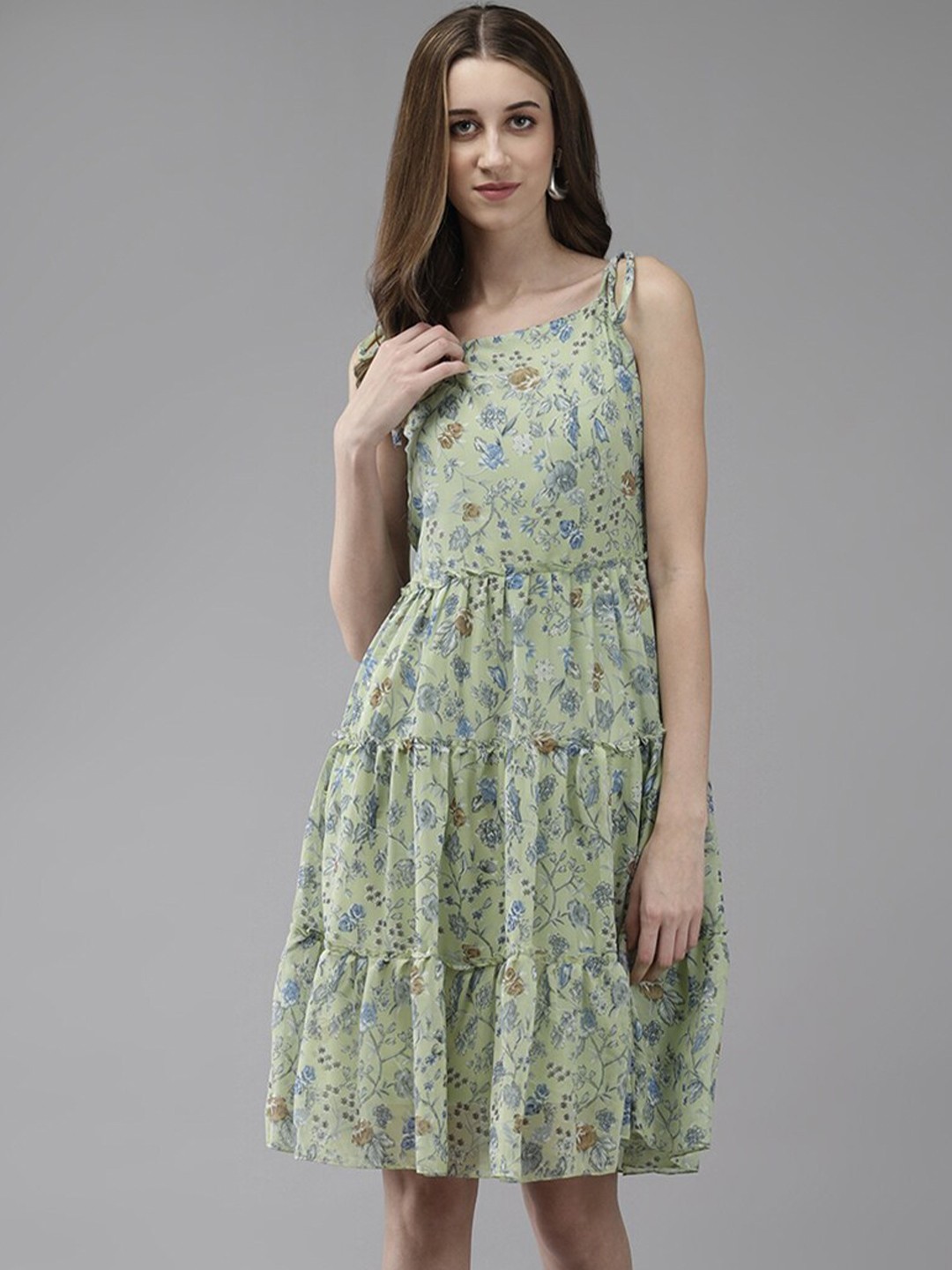

BAESD Floral Printed Shoulder Straps Gathered Georgette Fit & Flare Knee Length Dress, Green