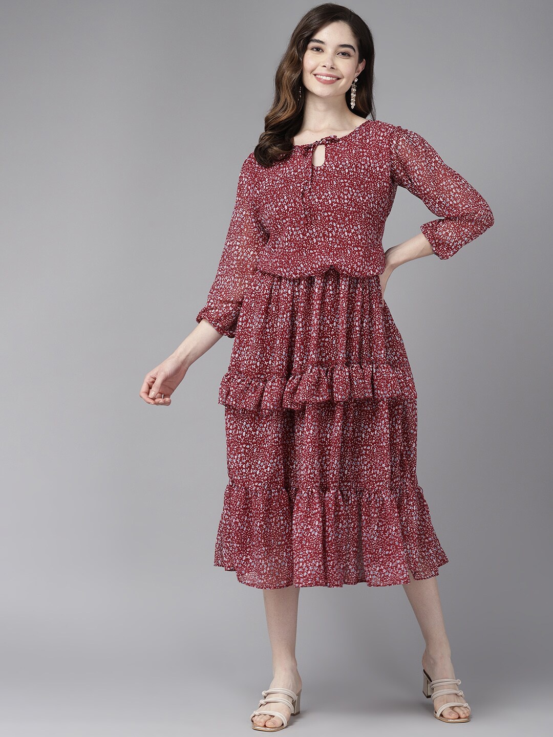 

BAESD Floral Print Puff Sleeve Georgette A-Line Midi Dress, Maroon