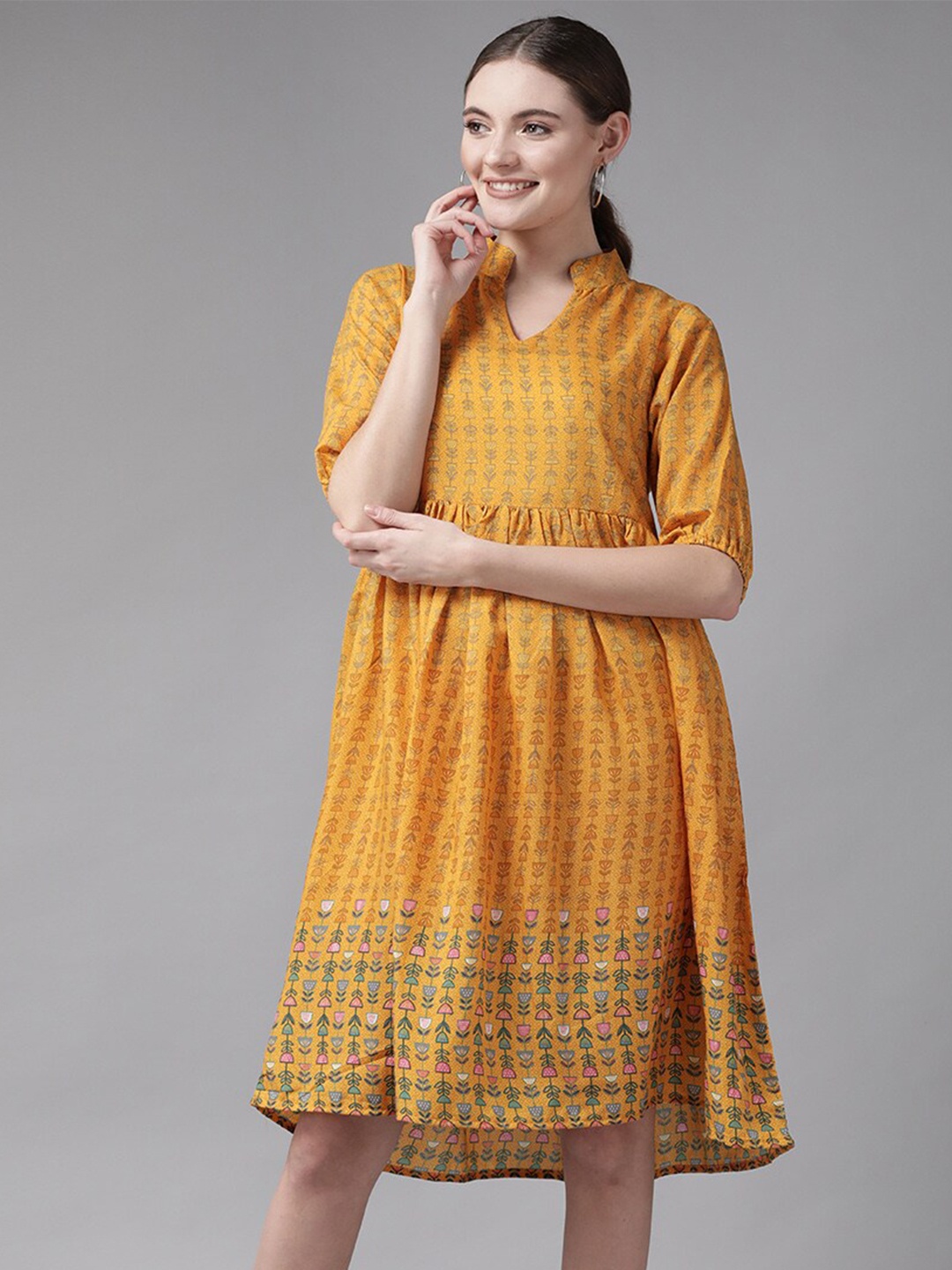 

BAESD Ethnic Motifs Printed A-line Dress, Yellow