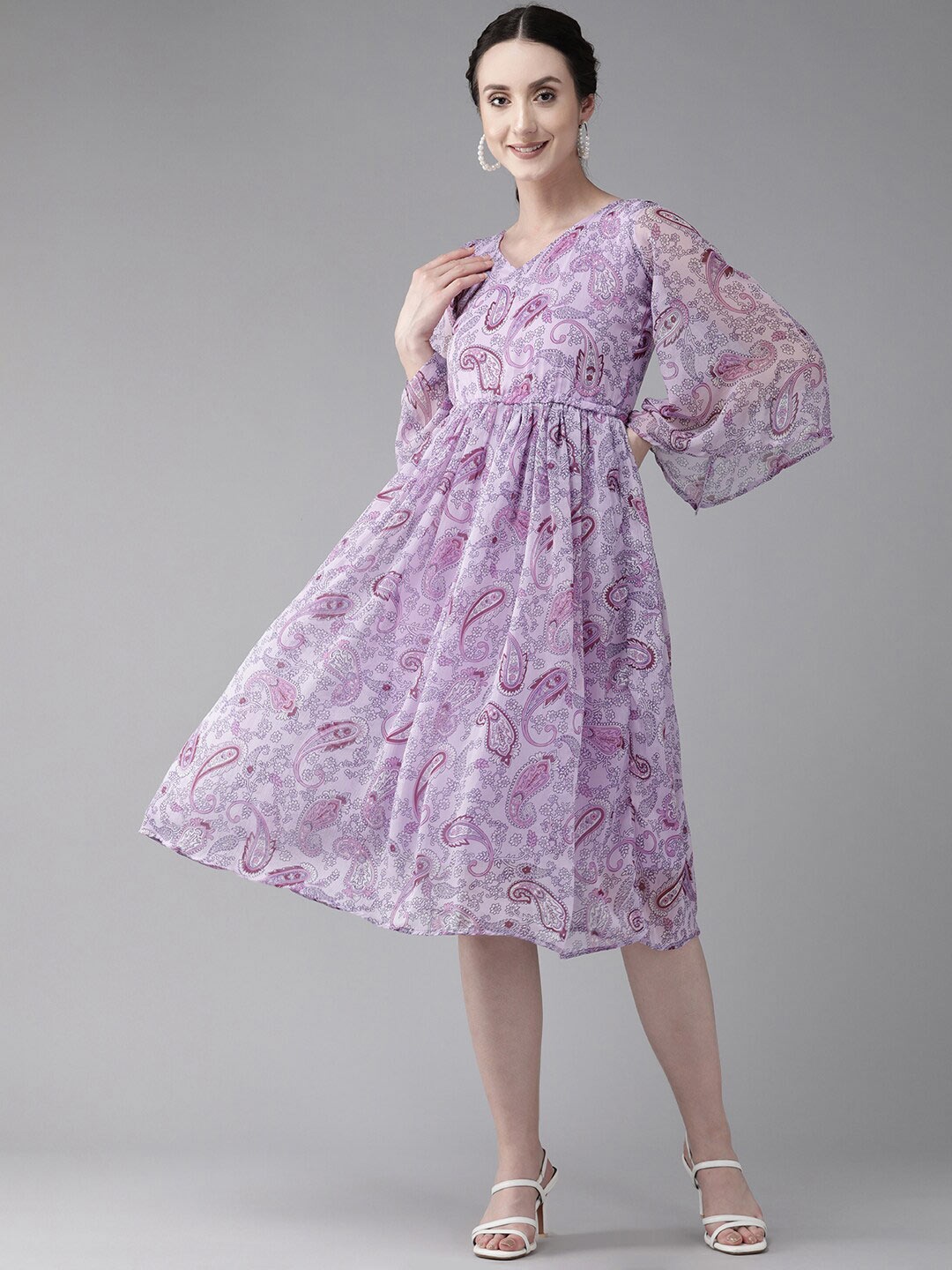 BAESD Floral Print Georgette Fit & Flare Midi Dress, Purple