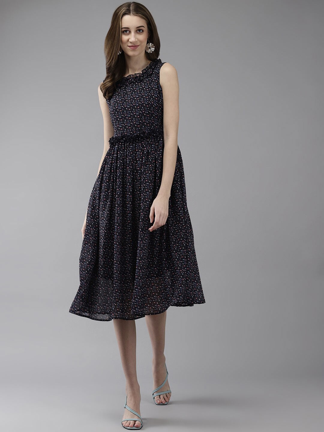

BAESD Floral Print Georgette Fit & Flare Midi Dress, Black